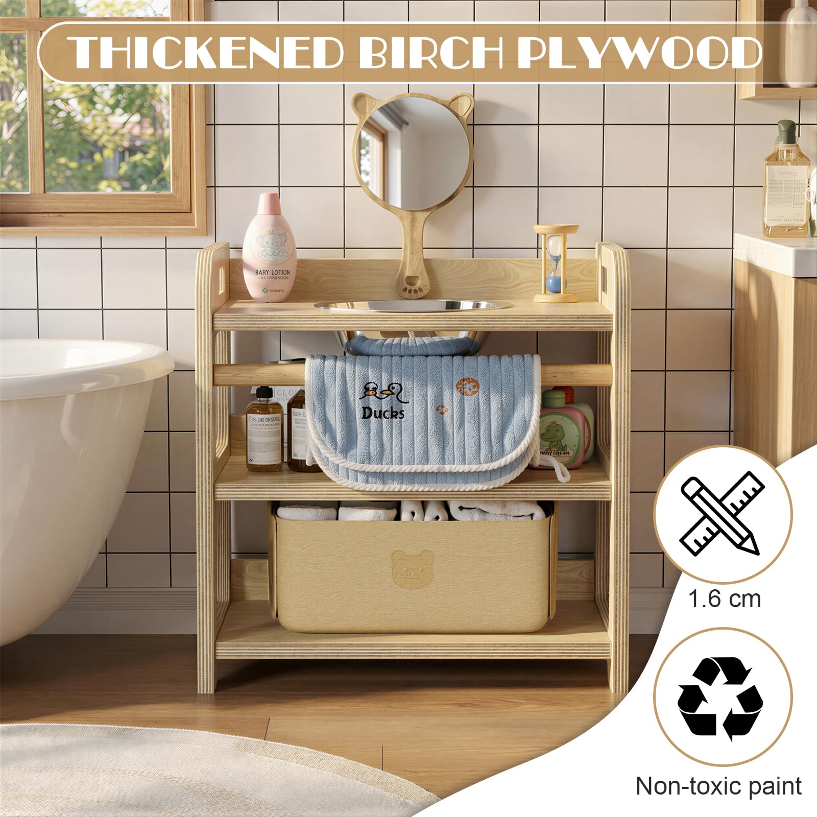 MSFE Lavabo Montessori con Espejo de Oso,Reloj de Arena,Toalla y Cesta,Marco de Lavabo Infantil de Madera para Ayudar al Niño a Experimentar la Higiene Personal e Autonomía con Diversión,35*50*50CM
