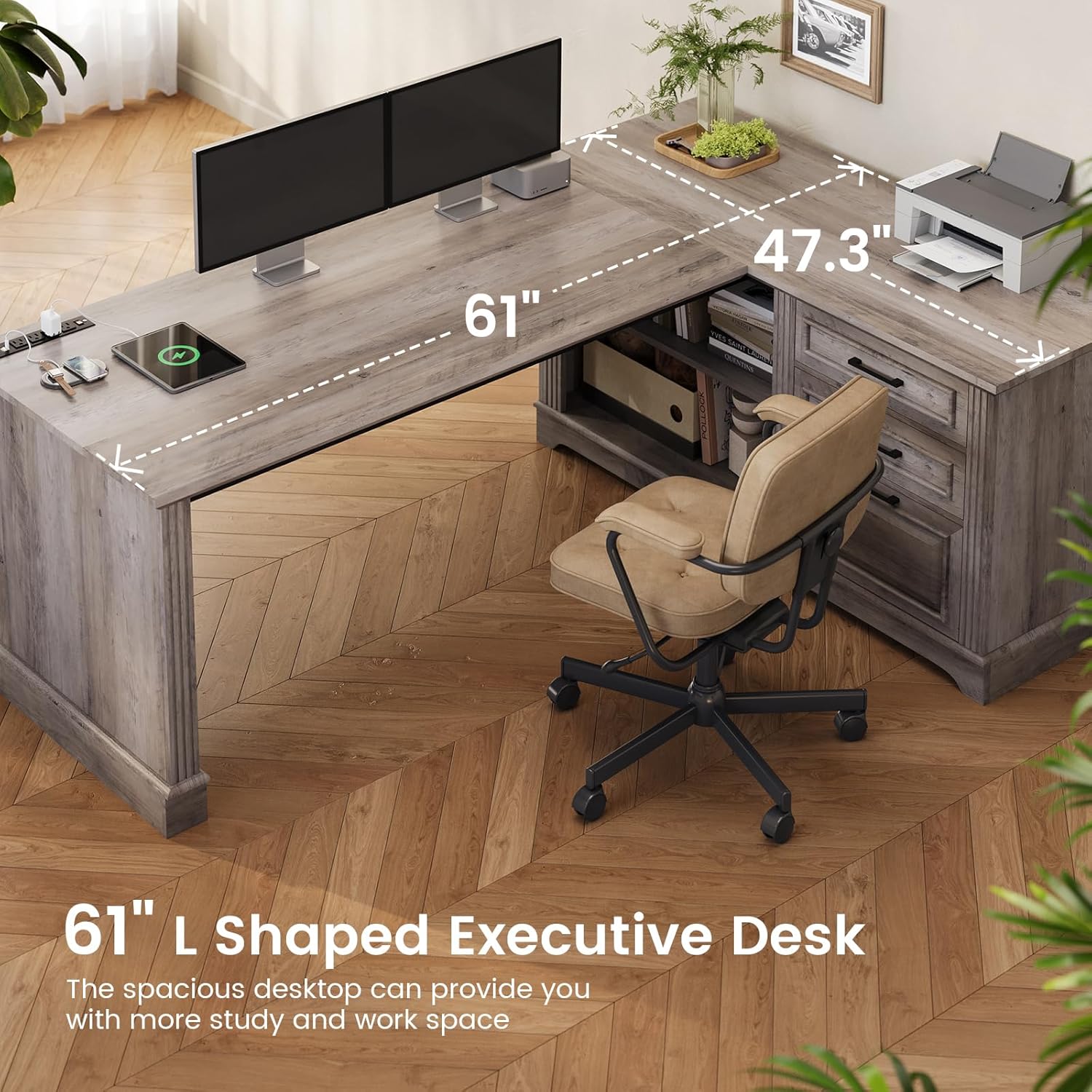 SEDETA Farmhouse 61" L-Shaped Executive Desk, White