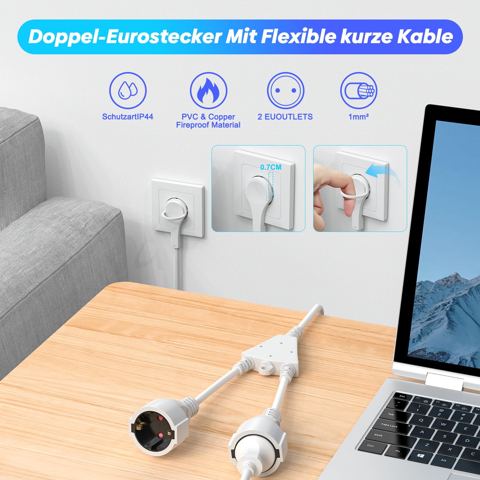 HITRENDS 7M Stromkabel Verlängerung Netzkabel, 2-Fach Schutzkontakt Verlängerungskabel Außen, Mit Flachstecker Steckdosen AC Schuko, IP44 für Zuhause, Büro, bis 250V/16A, Weiß