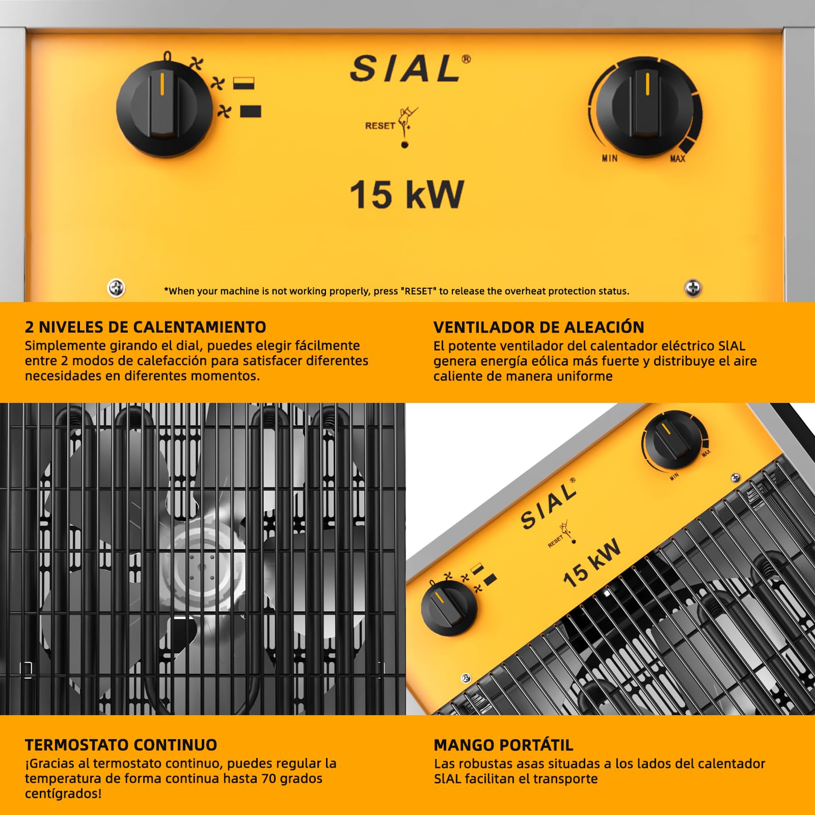 SIAL Calefactor 15000 W - Radiador Electrico Heizlüfter 1.5KW- Calentador Industrial - 3 Niveles de Calor - Termostato & Protección Contra Sobrecarga - Ventilador de Calefacción