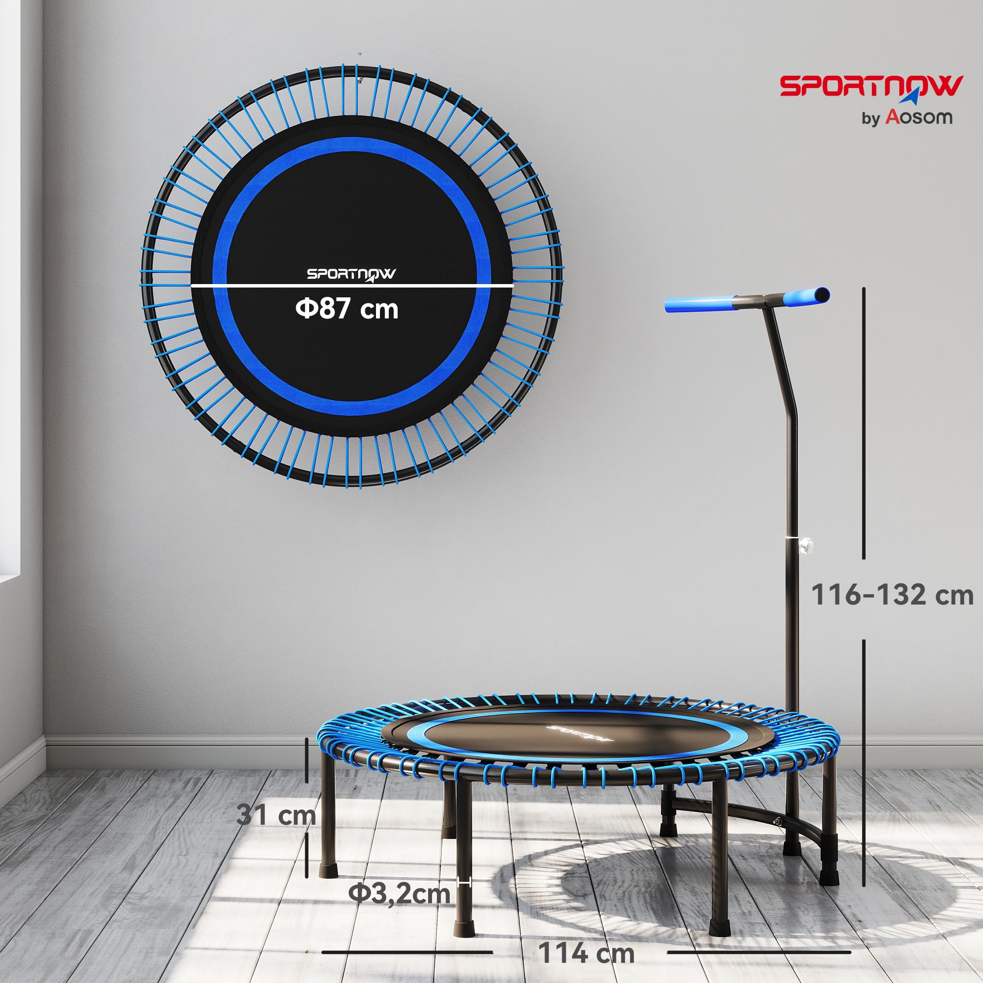 SPORTNOW Trampoline de Fitness 114 cm avec Cordes élastiques, poignée réglable sur 5 Positions, Trampoline Adulte Charge 200 kg Stable et Silencieux pour entraînement intérieur, Bleu