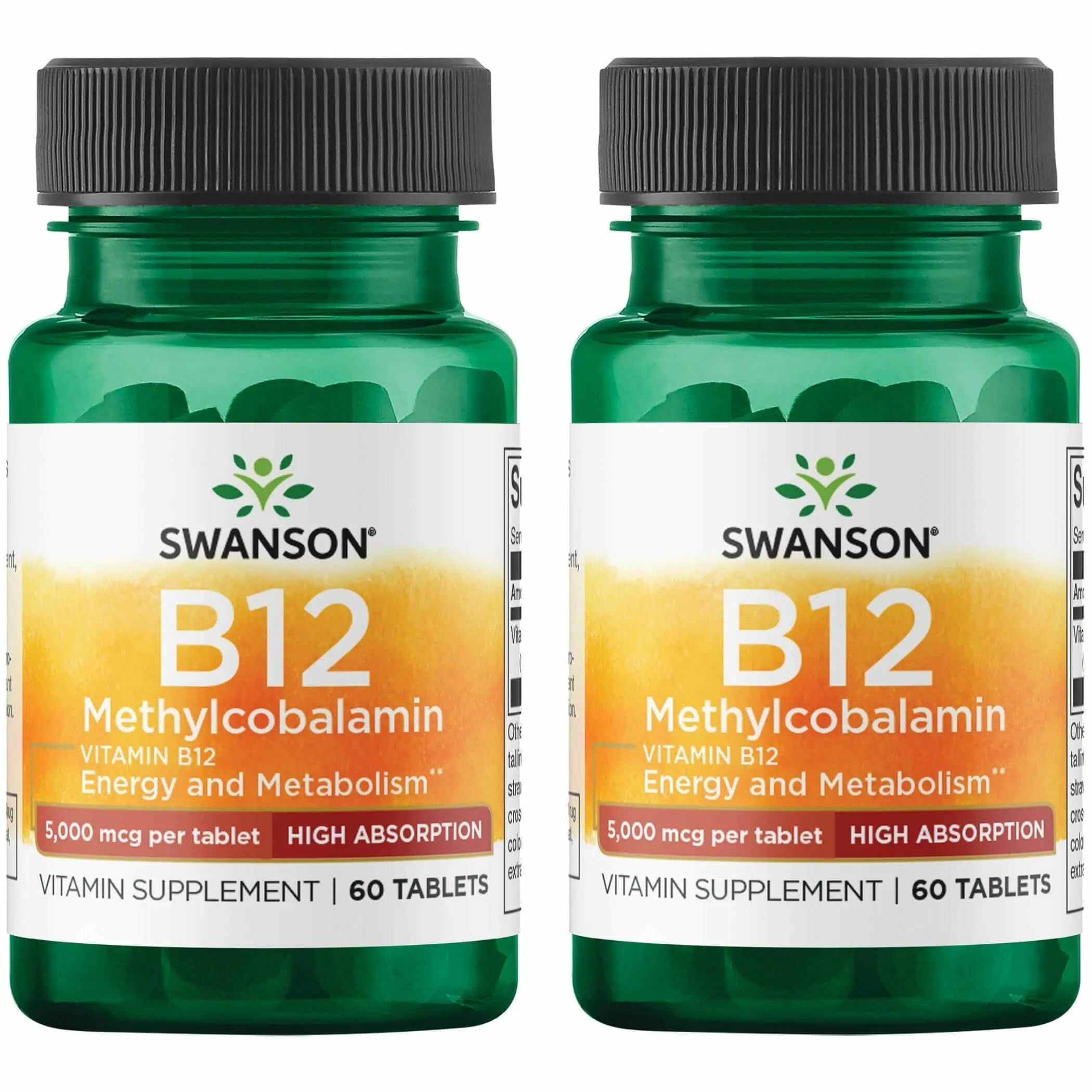 Swanson Vitamin B-12 Methylcobalamin, 5000 mcg, 60 Tablets, 2 Pack 60 Count (Pack of 2)