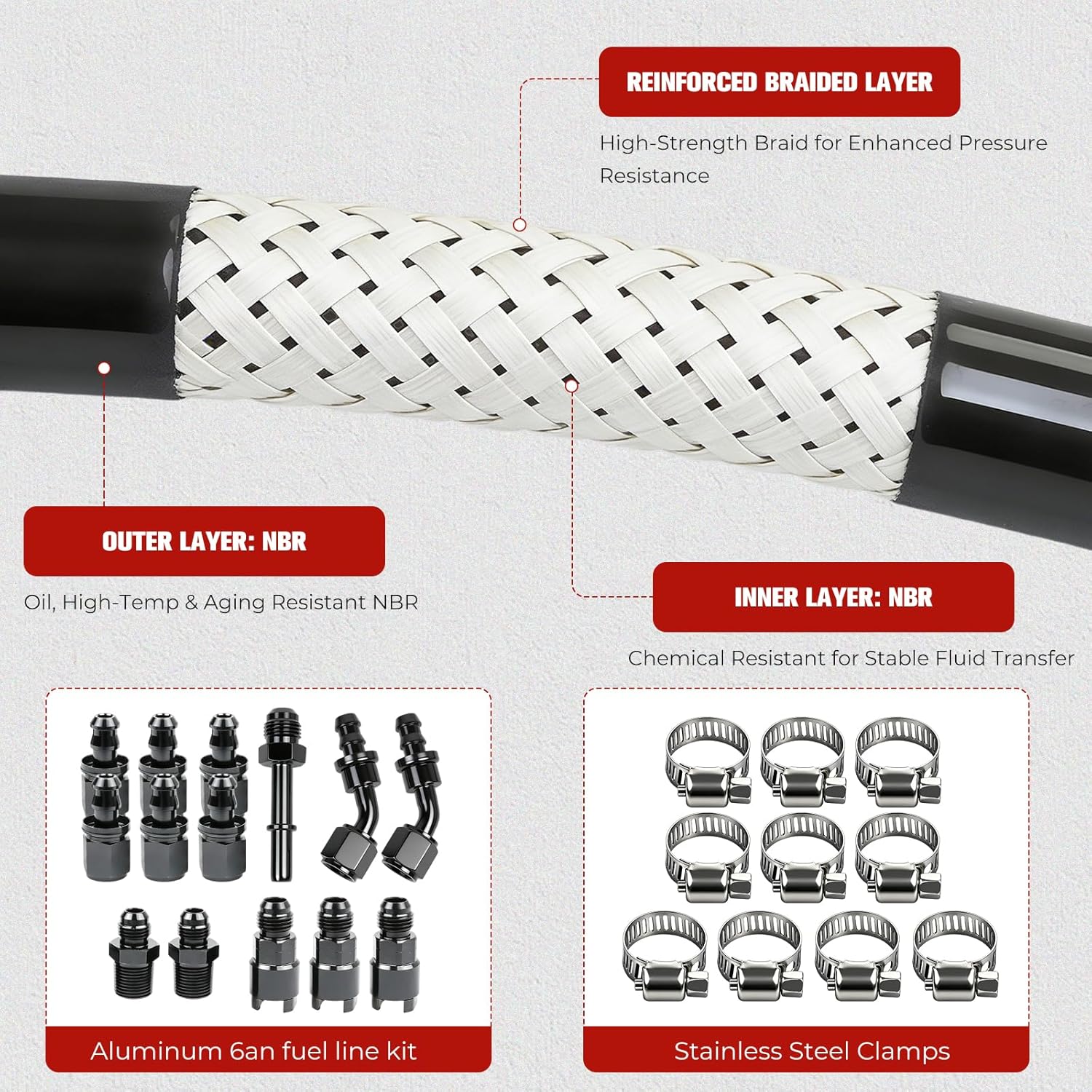 Fuel Line Kit Push Lock 3/8 Inch 25FT SAE 30R7 NBR Rubber Hose with 10 Hose Clamps 14 Fitting Adapters 25PCS