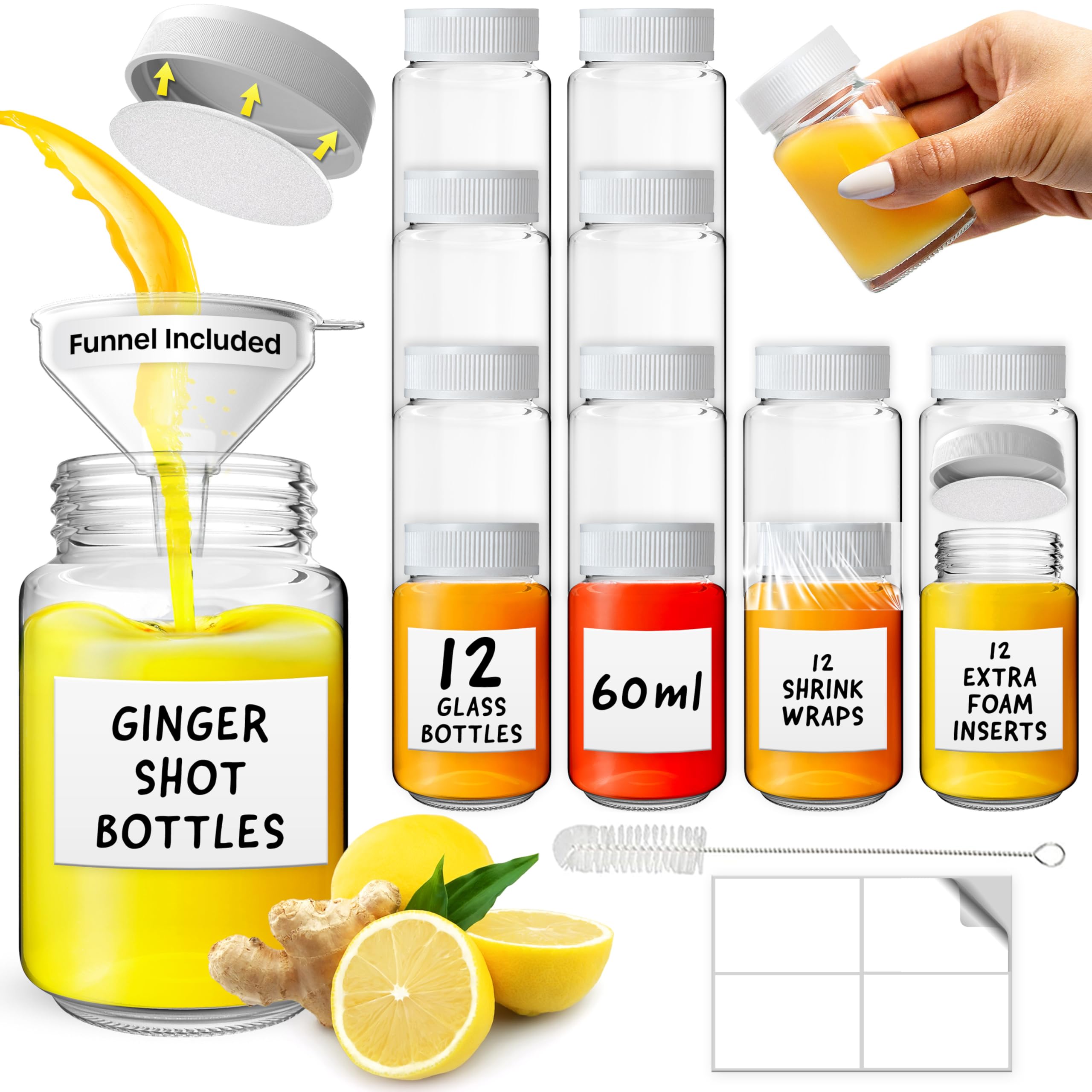 volila Shot Bottles with Lids, 12 Pack 2oz/60ml Reusable Glass Shot Bottles with Lids, Funnel, Labels, Shrink Wrap