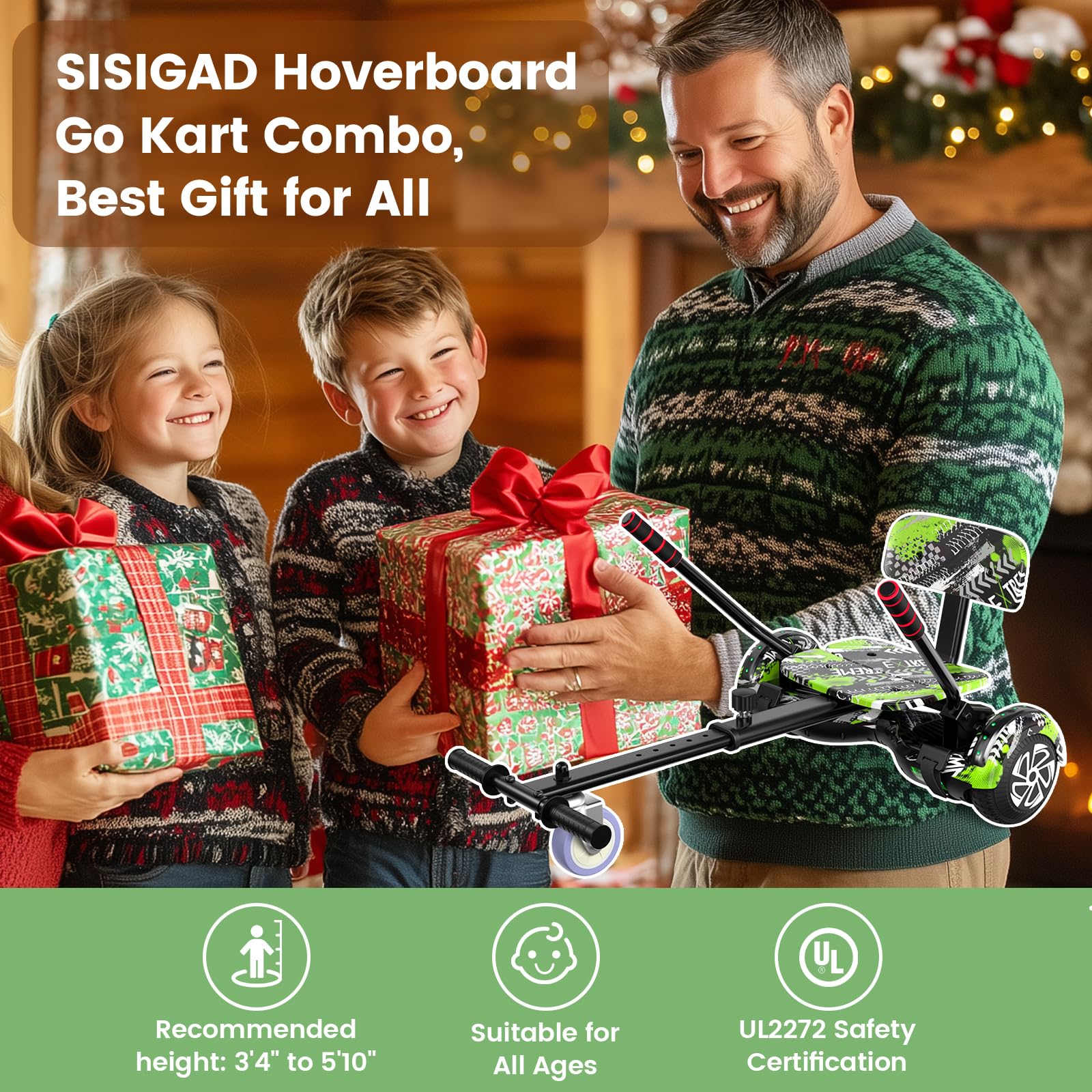 SISIGAD Hoverboard mit Kartsitz, Bluetooth-Lautsprechern und LED-Licht, 6,5-Zoll-Reifen, leistungsstarker Doppelmotor, Offroad-Hoverboard