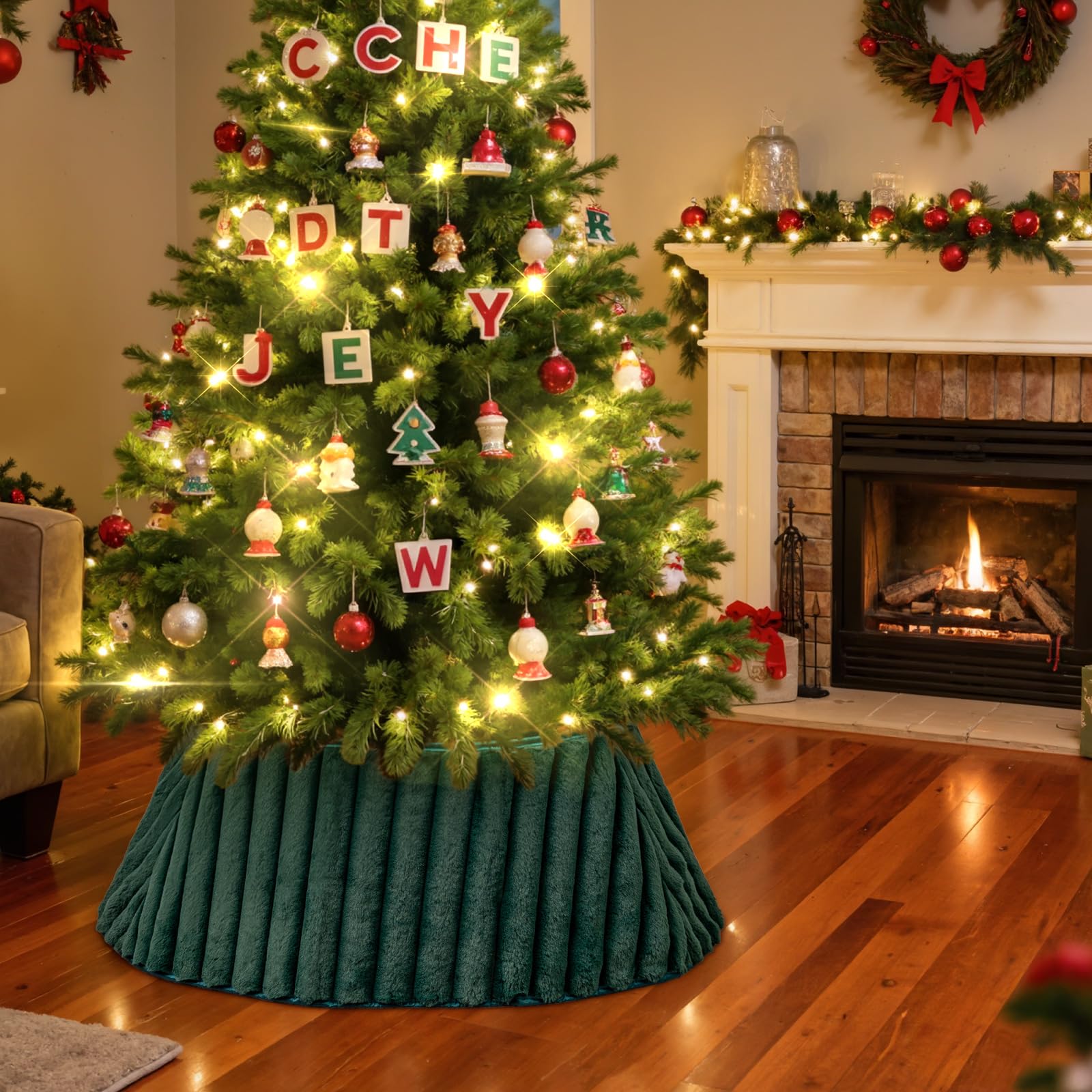 Lanpn Tappeto sotto Albero di Natale Copribase 75cm, Lusso Albero di Natale Copertura Base Piede Gonna per la Decorazioni per Interni per Feste Invernali in casa (Verde)