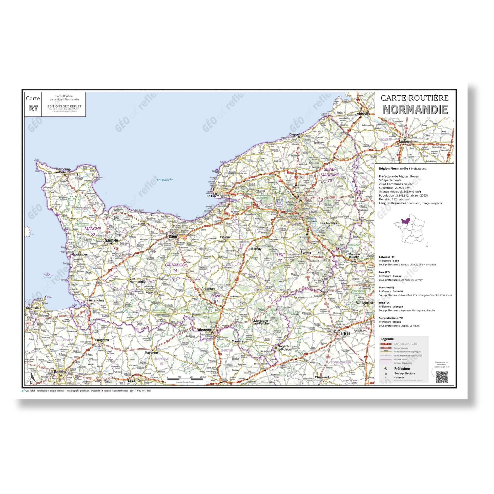 Carte routière de la région Normandie - Poster plastifié 100x70 cm - Édition 2026