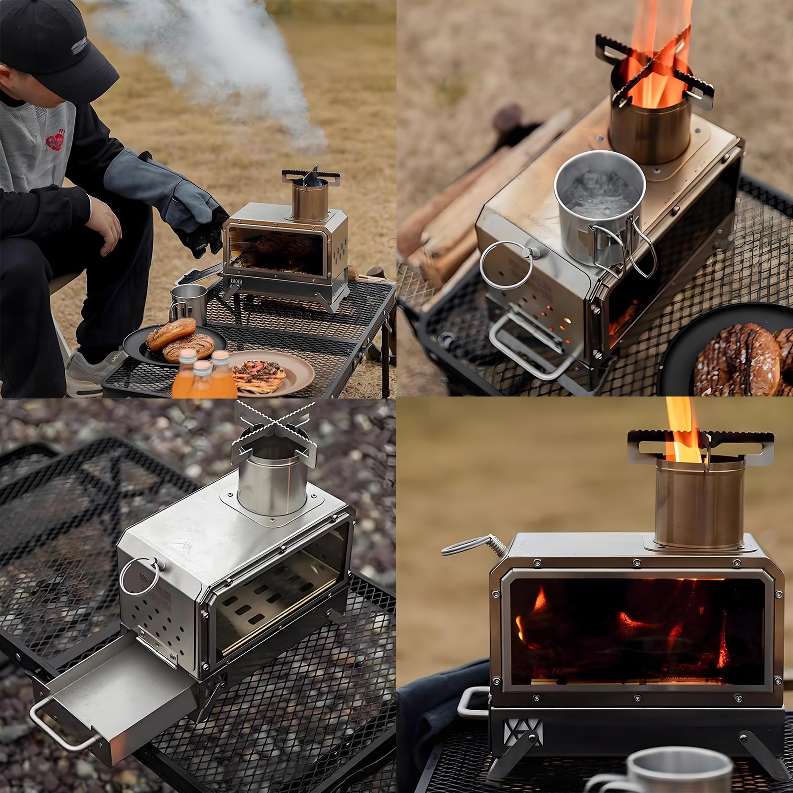 Stufa a Legna Portatile In Acciaio Inox con Finestra Resistente al Calore Riscaldamento Efficiente, Borsa Per Il Trasporto, Stufas da Campeggio Outdoor