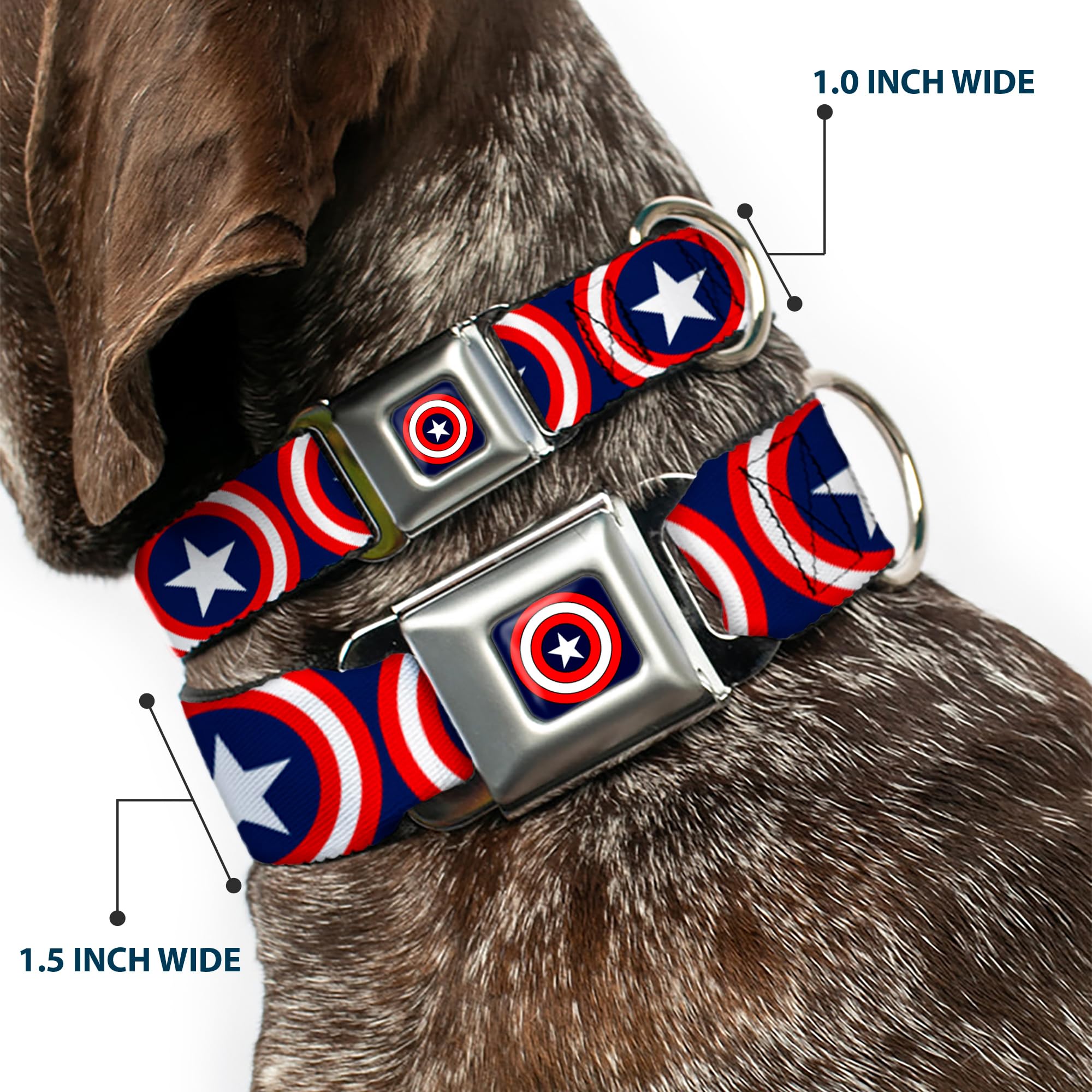 Buckle-Down Collare per Cani con Fibbia per Cintura di Sicurezza, Modello Capitan America, Blu Navy, Largo 2,5 cm, Adatto per Collo da 38 a 66 cm, Taglia L