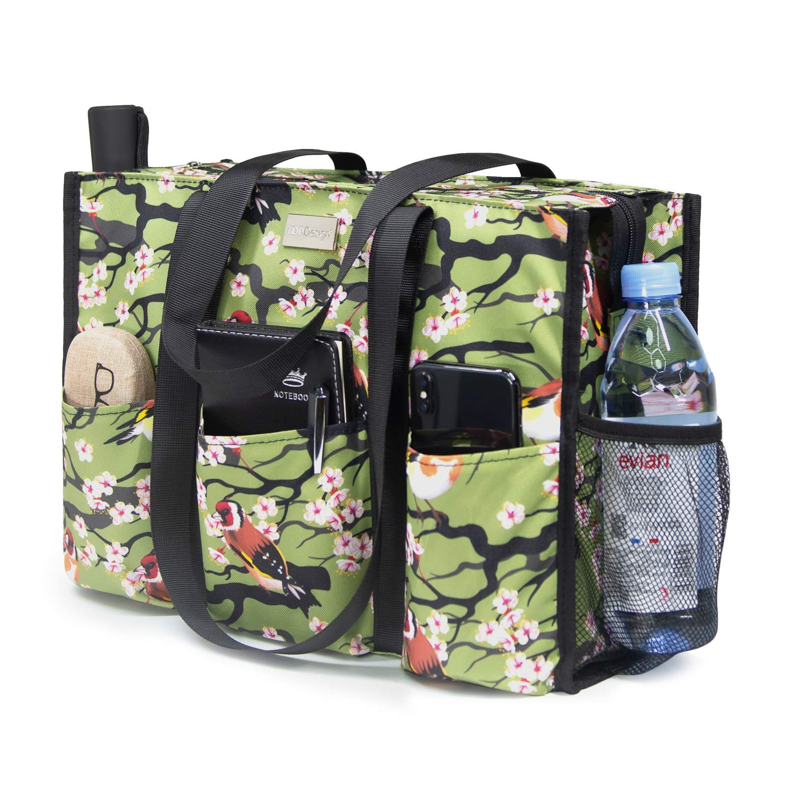 TOPDesign Utility Water Resistant Tote Bag with 13 Pockets, Zipper Closure
