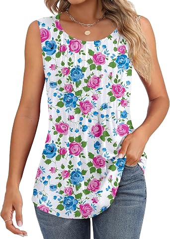 Ficerd Womens Tank Tops Sleeveless Tunic Pleated Crew Neck Blouses Summer Dressy Casual Loose Spring T Shirts