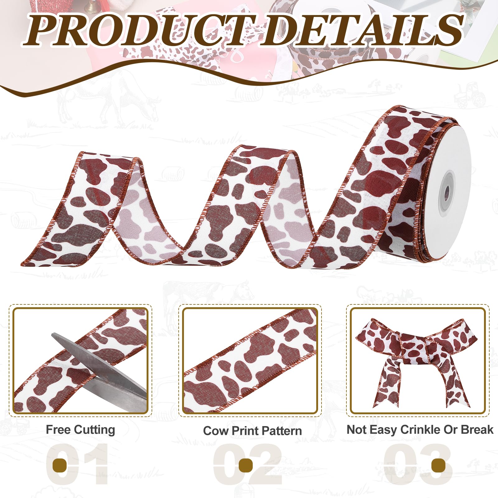 PATIKIL 10 Yards Ribbon for Gift Wrapping 1pcs 63mm (2 1/2inch) Cow Print Ribbons for Crafts Thin Ribbon for Wedding Decoration Gifts Home Coming-Mum Hat Bow - Image 3