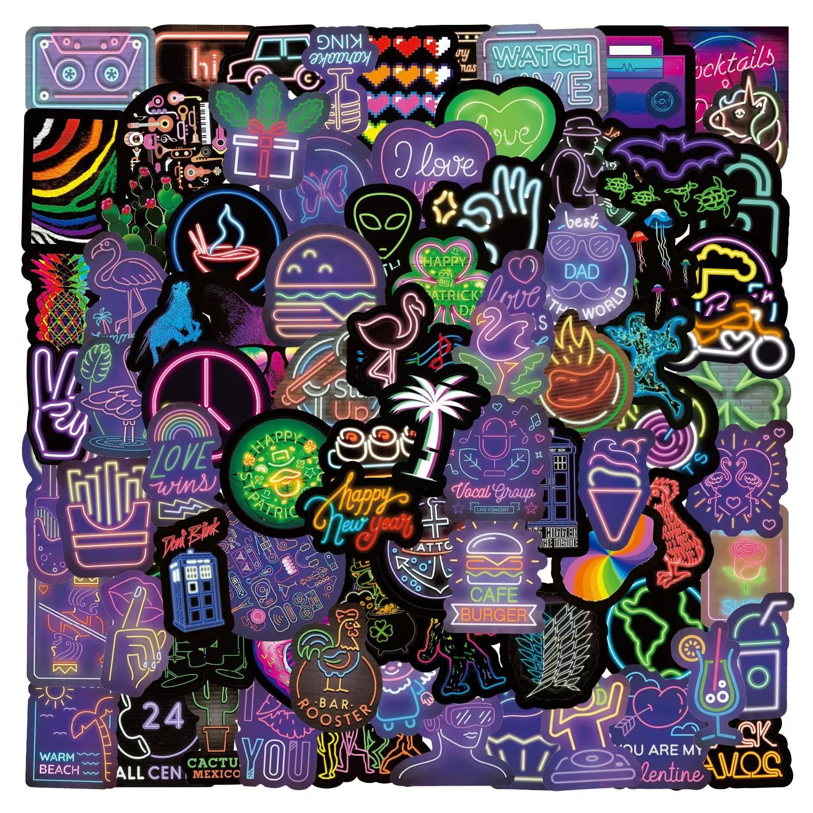 200 Pcs Cool Neon Stickers for Water Bottle Waterproof Sticker for Laptop Skateboard Phone Car Decals for Teens Adults for Party Favors Supplies Decor (Neon Stickers)
