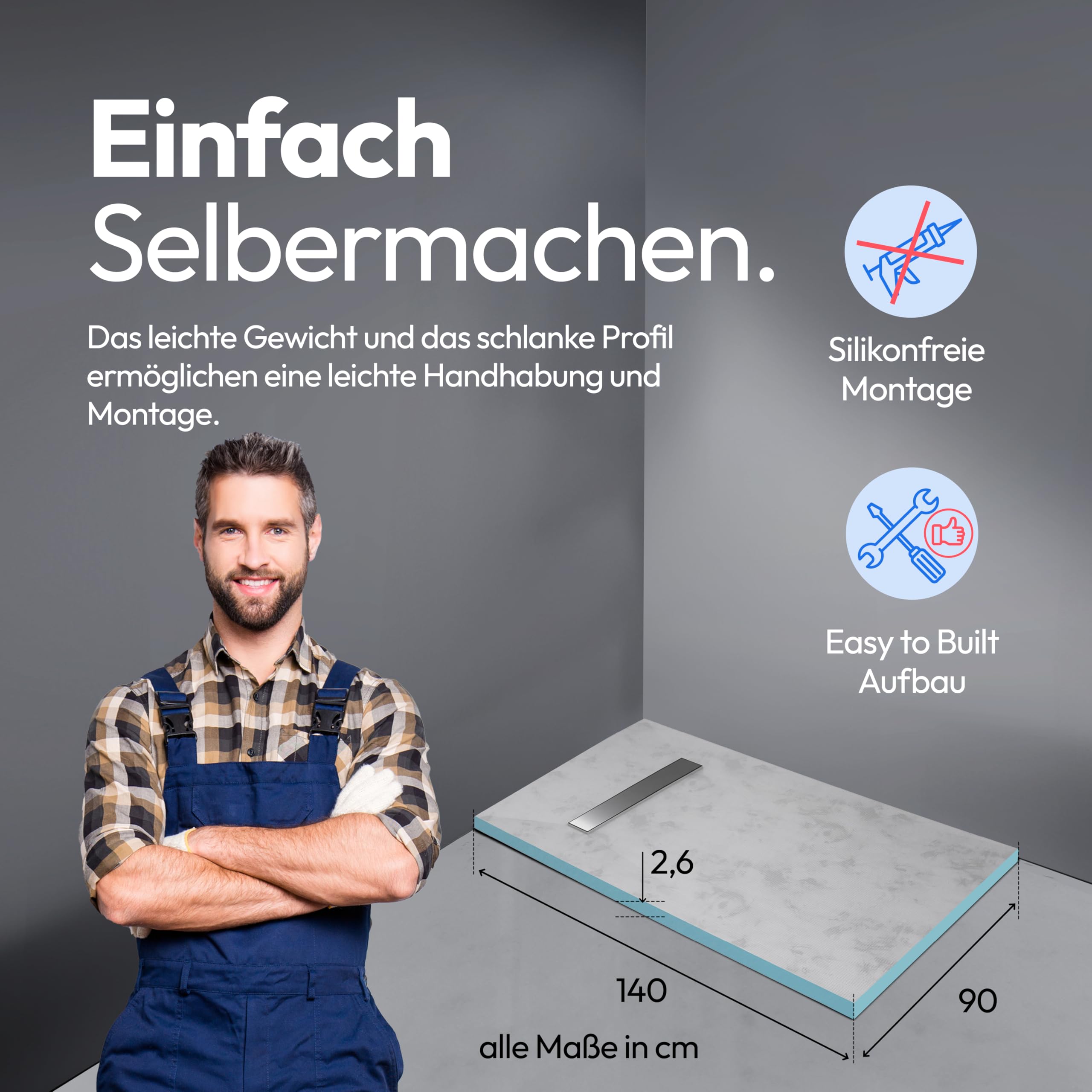 MARWELL Duschelement 90 x160 x 4 cm direkt befliesbar mit integrierter Ablaufrinne und waagerechtem Ablauf - bodeneben und barrierefrei einbaubar - integriertes Gefälle