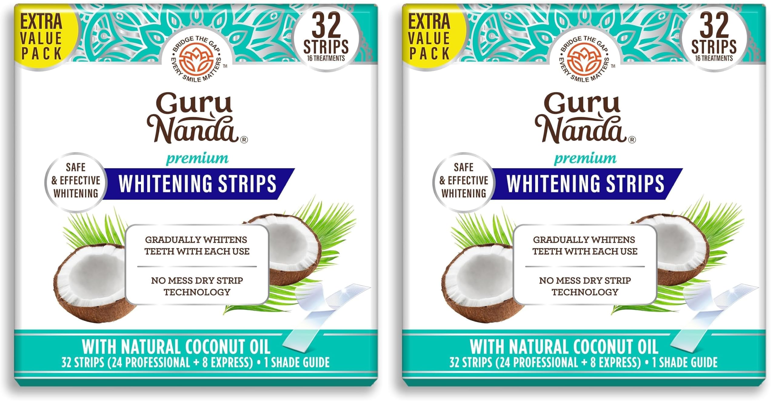 GuruNanda Teeth Whitening Strips Kit - 16-Day Treatment with Non-Slip, Dry Strip Technology - Whitening Designed with Care for a Brighter Smile (Pack of 2)