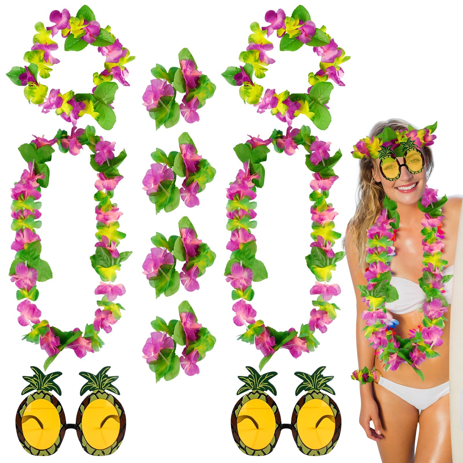 Hawaiian Wreath Headband Wristbands, 10 Pcs Hawaiian Fancy Dress Set with Pineapple Sunglasses, Necklace Headpiece Bracelets Tropical Lei Flower for Summer Luau Theme Beach Party