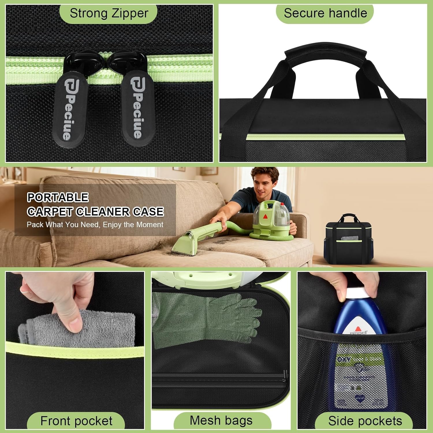 Storage Bag for Bissell Little Green Mini 4075 Carpet & Upholstery Cleaner, Waterproof Oxford Organizer with Green Zipper & Multi-Compartment Design for Tools, Accessories & Solution