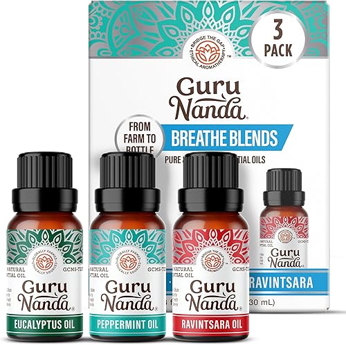 GuruNanda Breathe - Juego de aceites esenciales (paquete de 3 x 0.34 onzas líquidas), aceites difusores 100% puros, naturales y sin diluir para