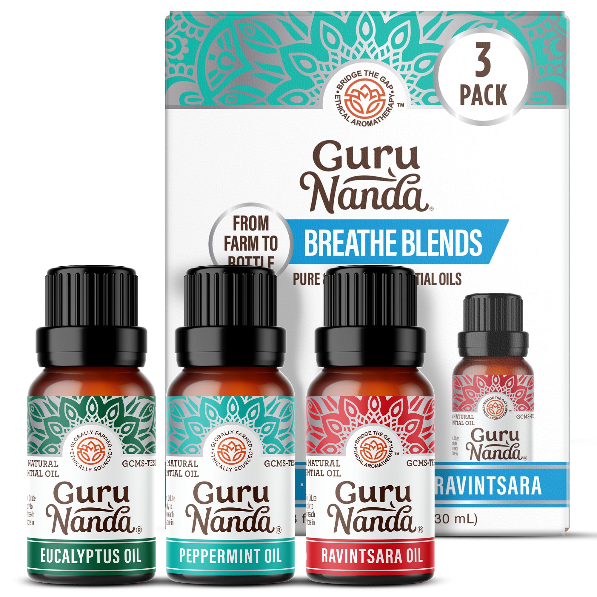 GuruNanda Breathe Essential Oil Set (Pack of 3 x 0.34 Fl Oz) - 100% Pure, Natural & Undiluted Diffuser Oils for Aromatherapy - Helps Support Clear Breathing - Suitable for Massages & DIY Recipes