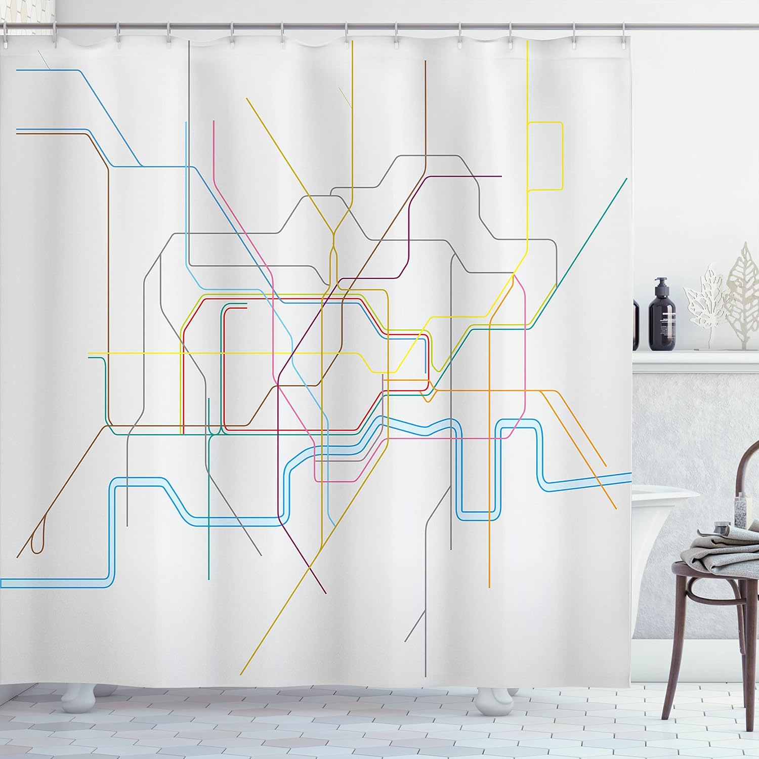 Lunarable London Underground Shower Curtain, Colorful Lines Crossrail Map of Tube Train Roads Contemporary Urban Art, Cloth Fabric Bathroom Decor Set with Hooks, 69" W x 75" L, Multicolor