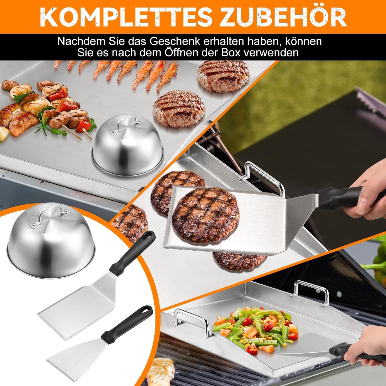 Premium Plancha Grillplatte Set - 40 x 30 cm - Grillplatte für BBQ Gasgrill & Kohlegrill - 4mm Dicke Plancha Gasgrill - Edelstahl mit Grillspachtel Set