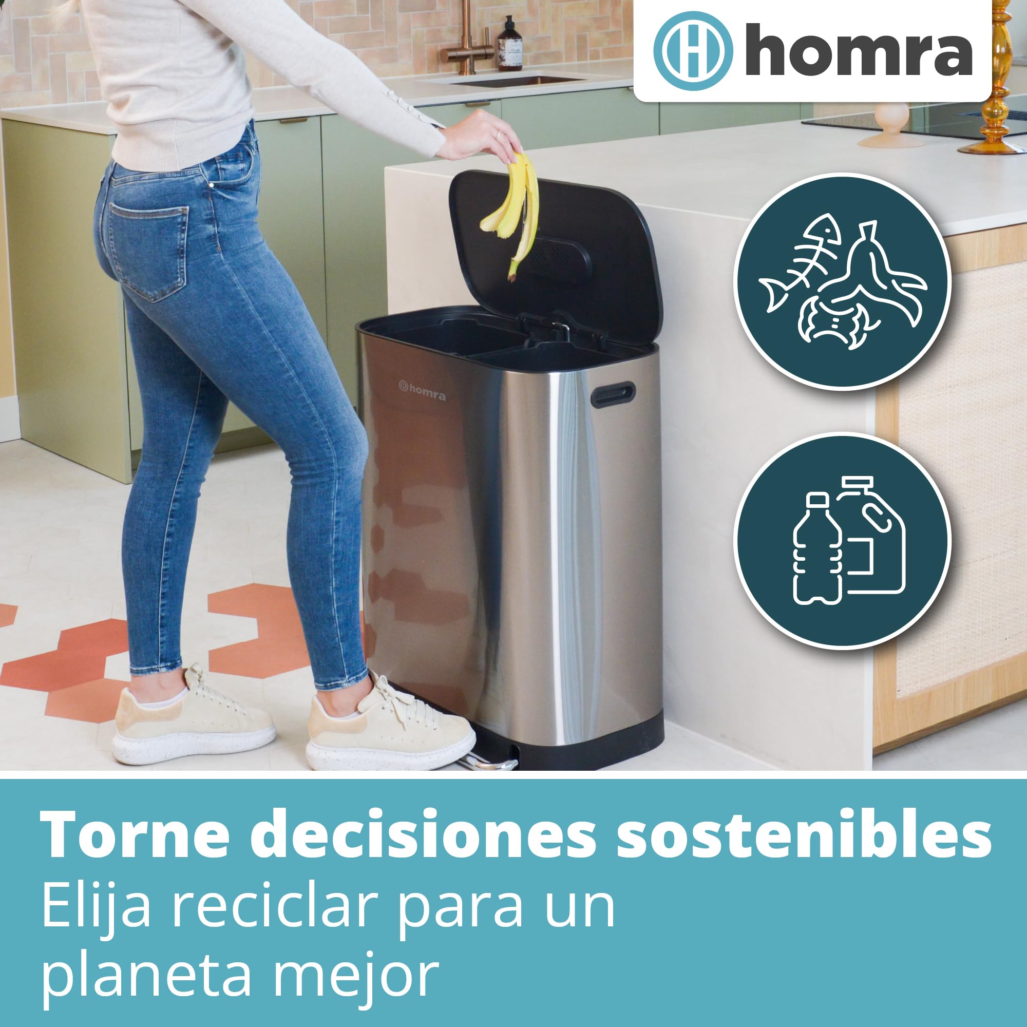 Homra Cubo Basura 60l Rockx | Cubo de Basura de Reciclaje 2x30l | Papelera Cocina | Cubo basura Pedal | Filtro Antiolores | Sistema de separación de residuos con 2 compartimentos | Acero inoxidable