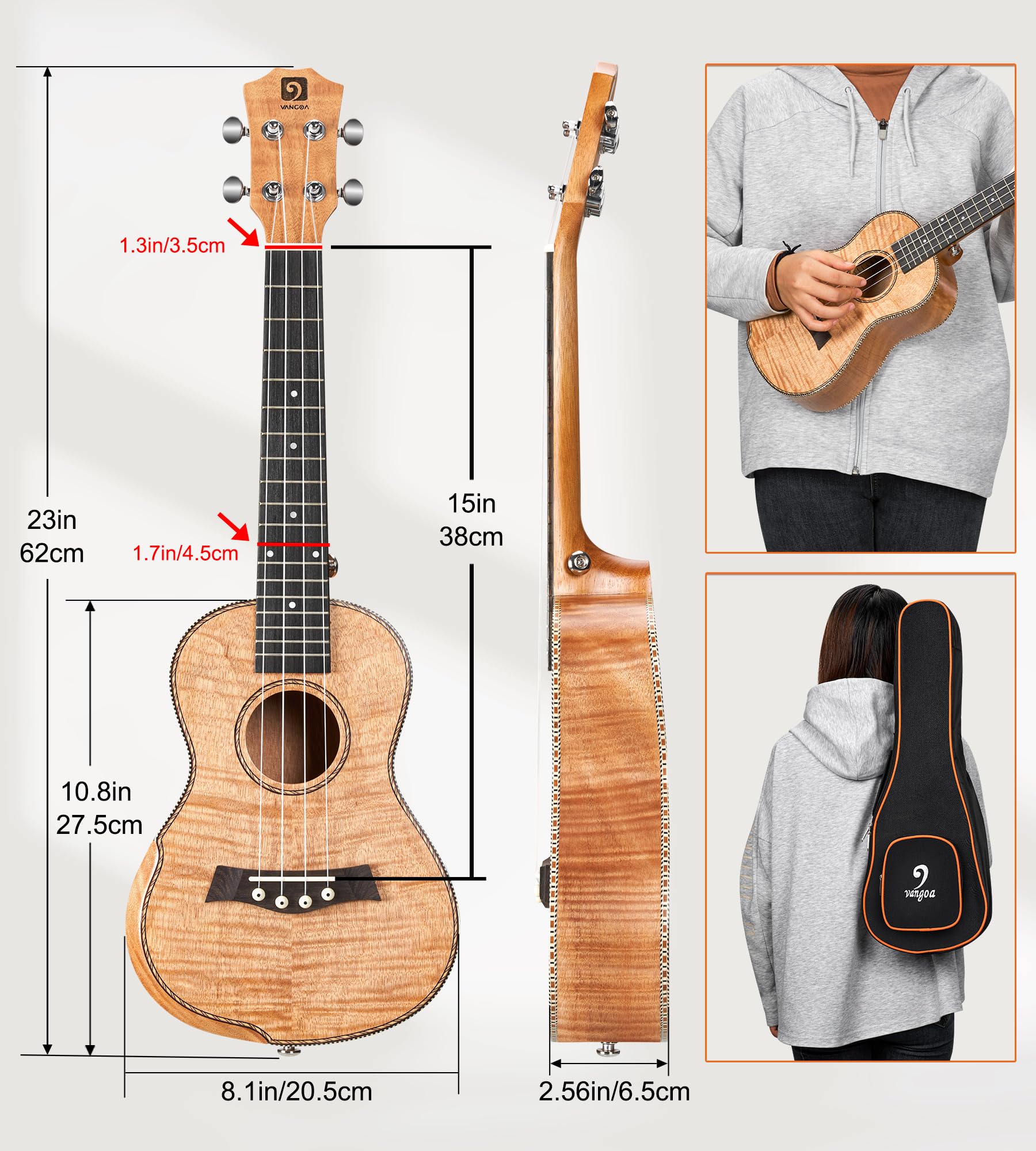 Ukulele Concert Mahogany Bundle 23 inch Ukelele for Beginners Adults Professional Four String Wooden Hawaiian Starter Uke Kit, Natrual Wood Color by Vangoa - Image 7