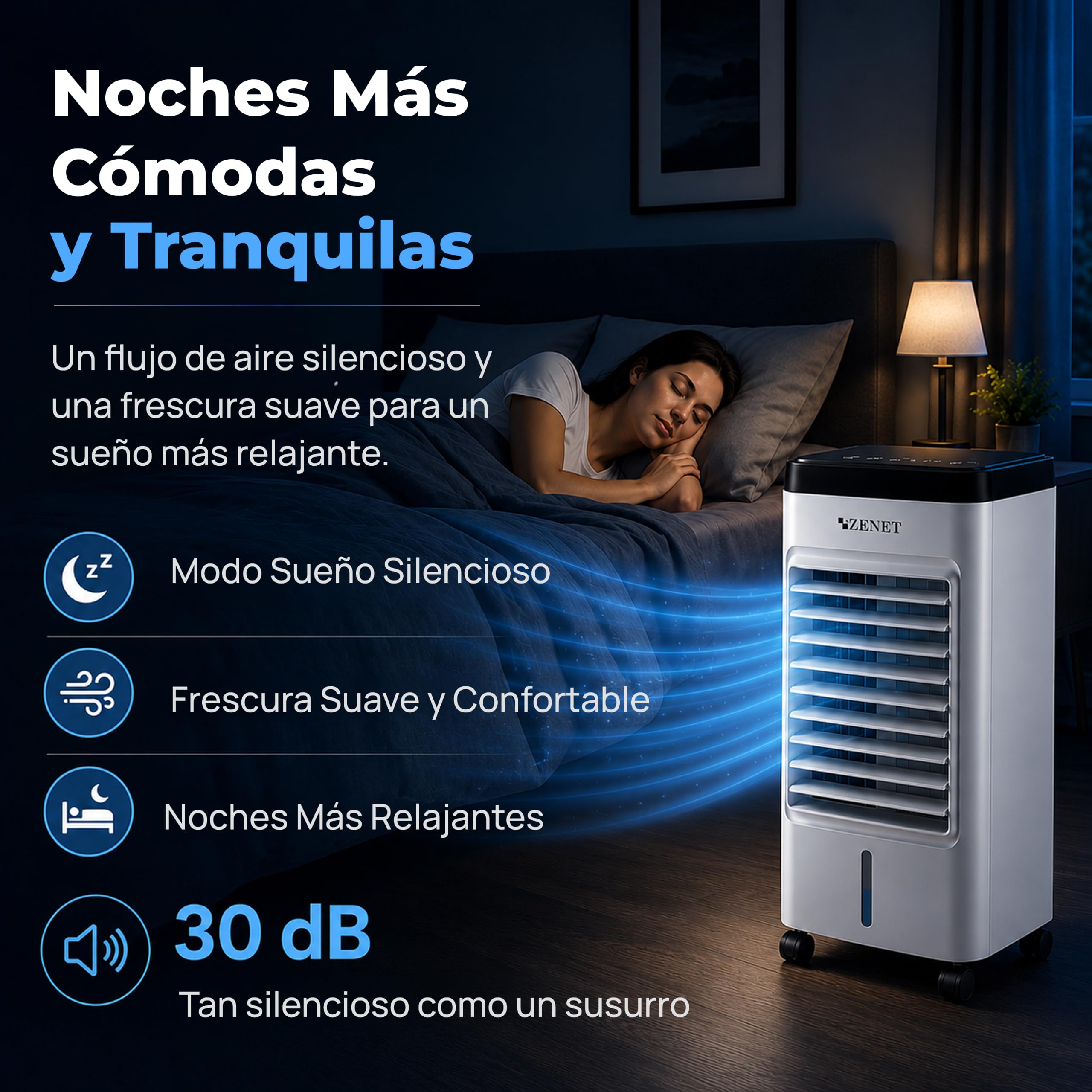ZENET Aire Acondicionado Portátil 4 en 1, Climatizador Evaporativo 3.5L 65W | Ventilador con Agua, Enfriador, Humidificador, Purificador de Aire, Silencioso, Mando, para Hogar y Oficina, Sin Instalación
