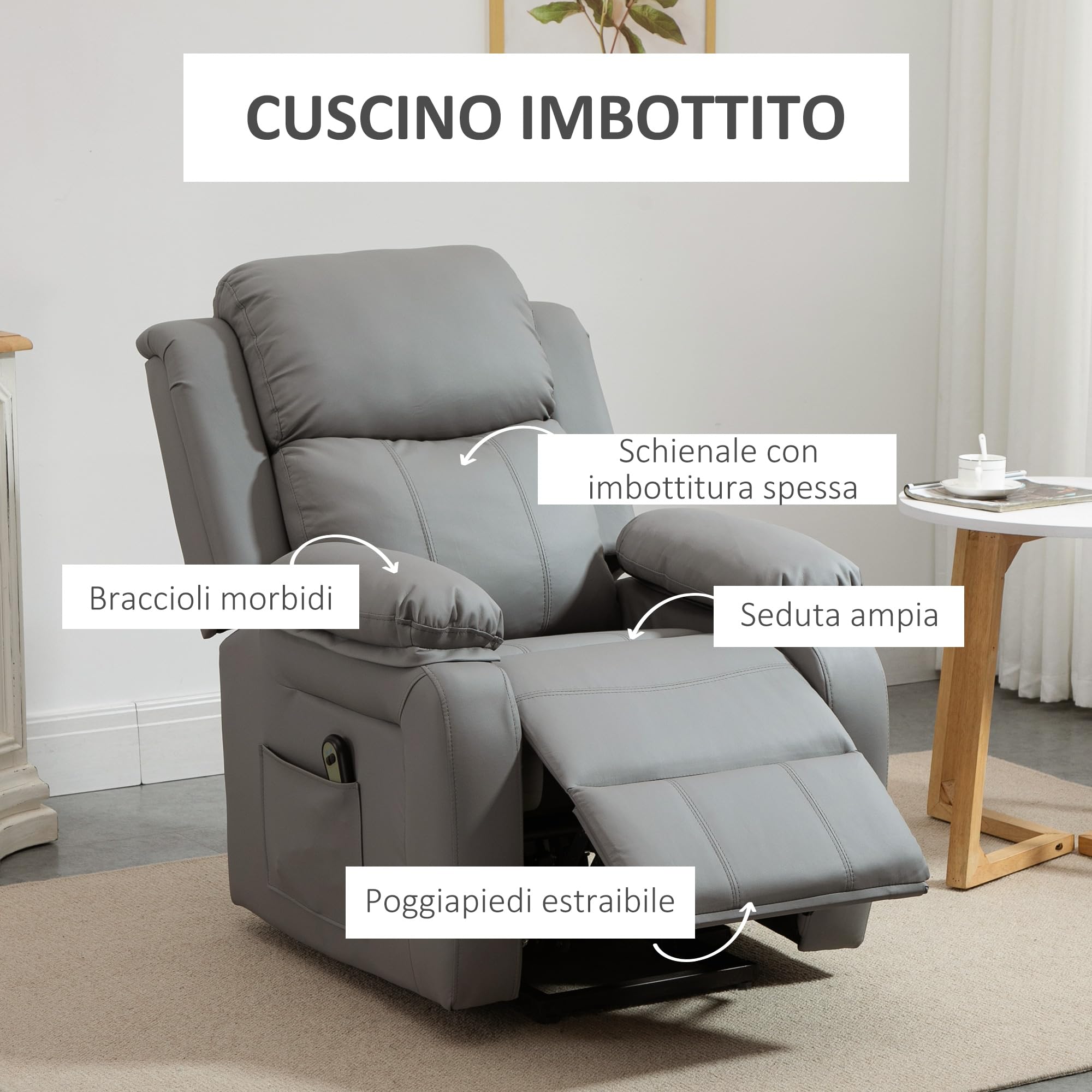 HOMCOM Poltrona Elettrica Alzapersona Reclinabile 160°, Poltrona Relax Elettrica in Pelle PU con Telecomando, Poggiapiedi e 2 Tasche Laterali per Soggiorno, Grigio