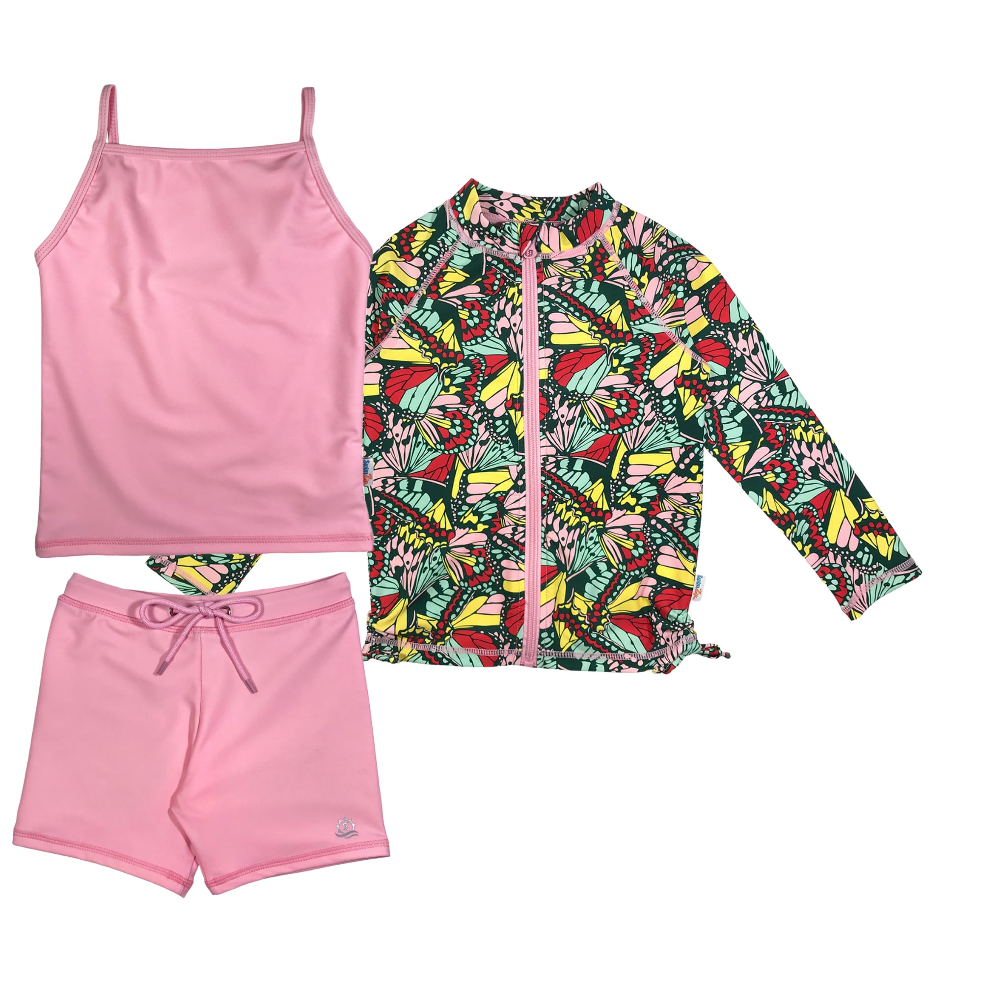 SwimZip Girls' 3 Pc Swim Set w/Long Sleeve Rash Guard, Tankini &amp; Shorts UPF 50+