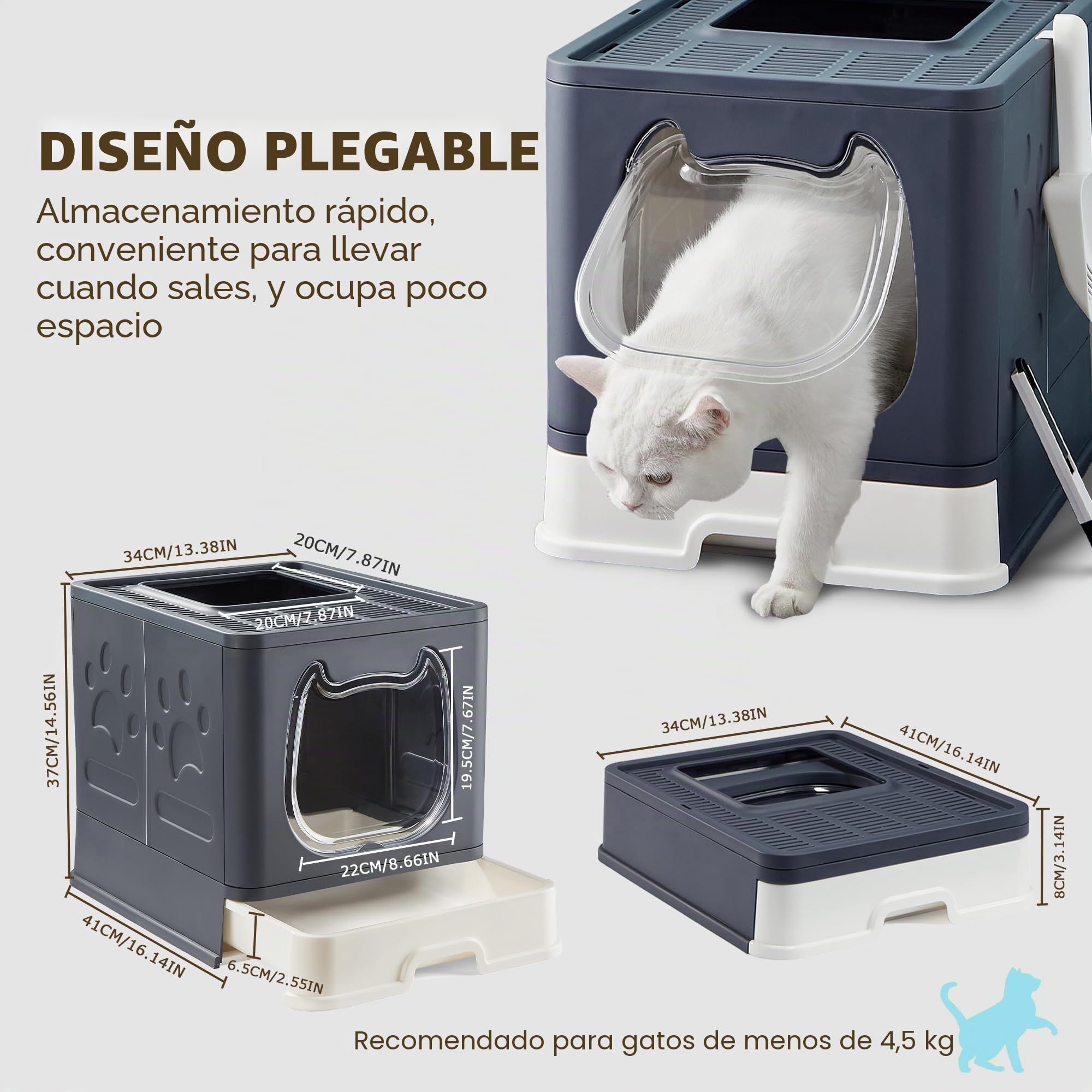 Caja de Arena para Gatos Plegable, Arenero Gatos Cubierto con Cajon, Inodoro para Mascotas para Gatos con Entrada Superior