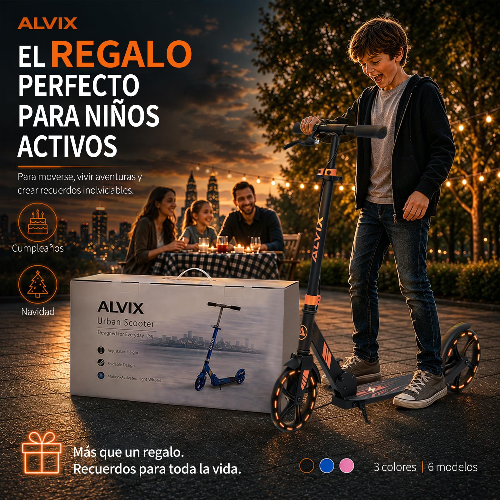 ALVIX Patinete infantil con freno de mano y ruedas LED, altura regulable a partir de 6 años, ruedas de 200 mm, patinete plegable con correa, plataforma ancha, hasta 100 kg