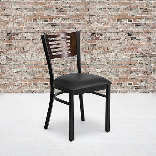 Miniatura 2 de Flash Furniture HERCULES Series - Silla de restaurante de metal con respaldo de listones negros, respaldo de madera de nogal, asiento de vinilo negro