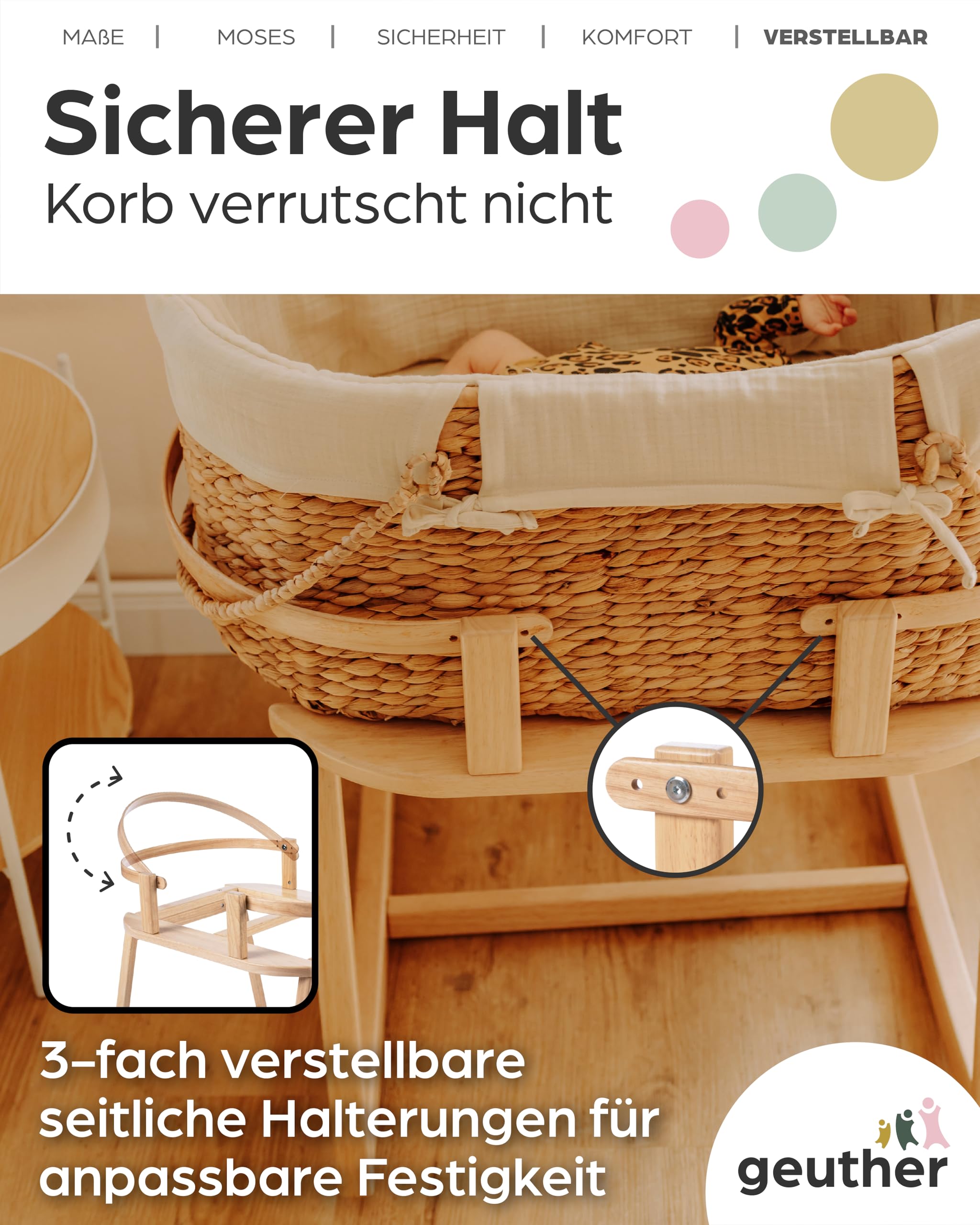 Geuther Untergestell für Moseskorb Baby | Stubenwagen mit Schaukelfunktion für Geuther Babynestchen, Baby Beistellbett | aus nachhaltigem & massivem Gummibaumholz, Baby Bett Gestell, naturfarben