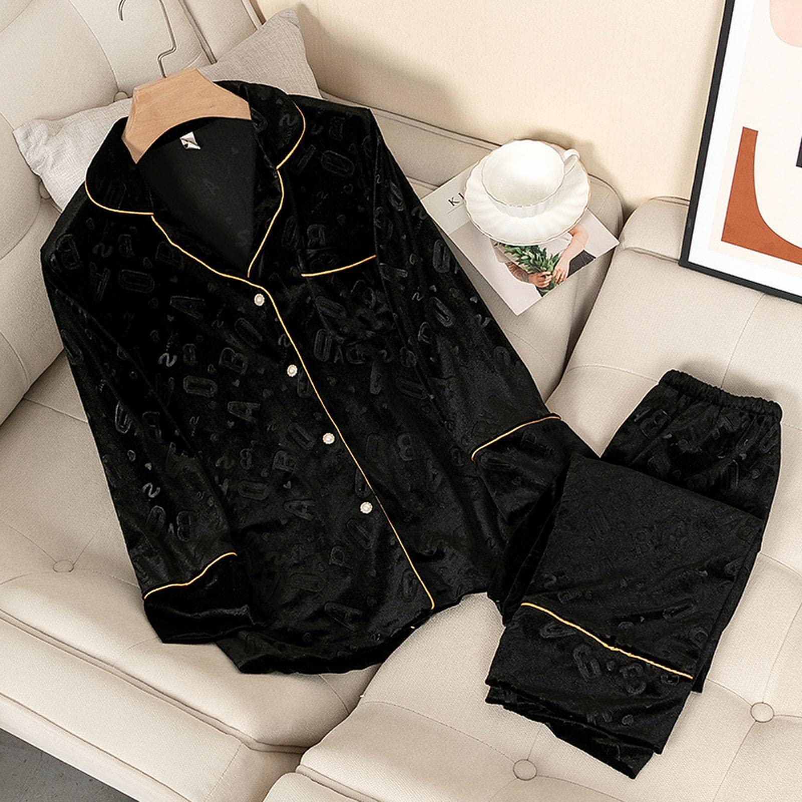 Pigiama Donna Pigiama per Donne in Finta Velluto 2Pcs Set Camicia A Manica Piena E Pantalone Primaverile Autunno Inverno Abbigliamento per Sonno Notturno Sciolto
