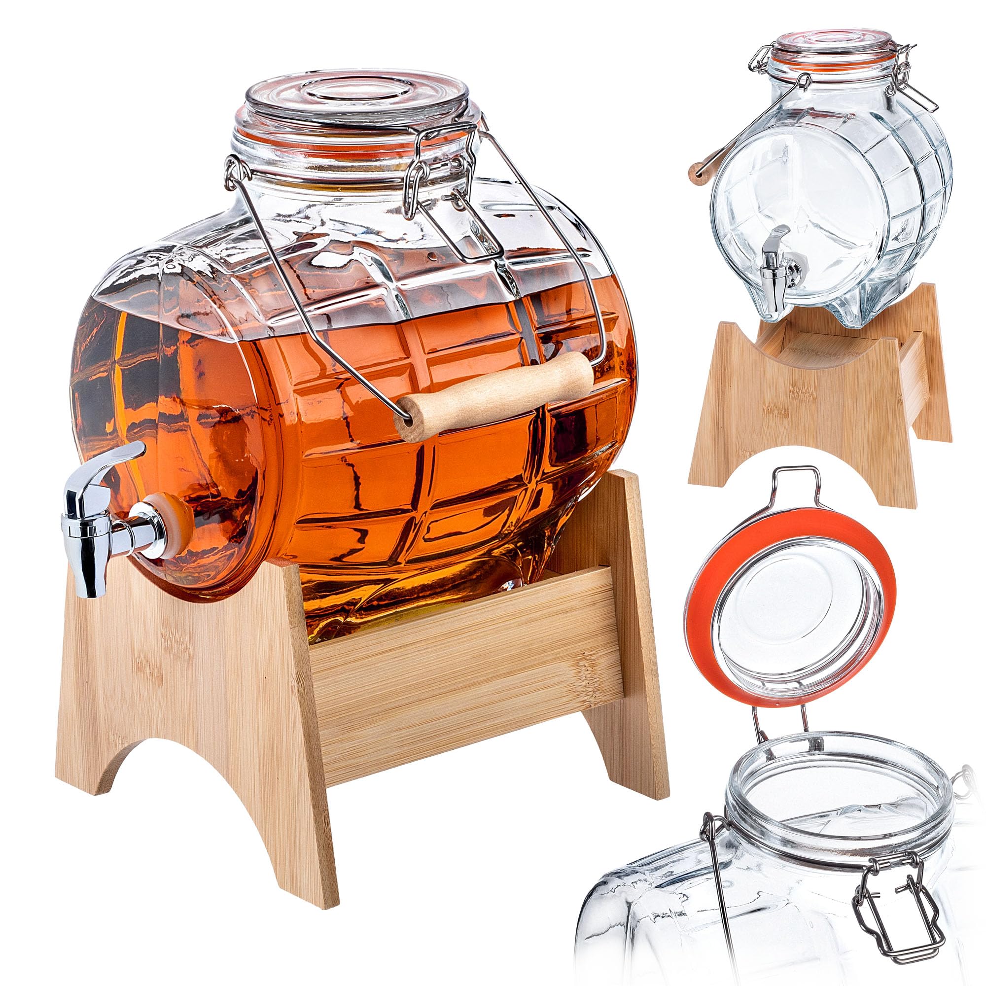 KADAX Barril de 5 litros con grifo y dispensador de bebidas transparente con base de madera