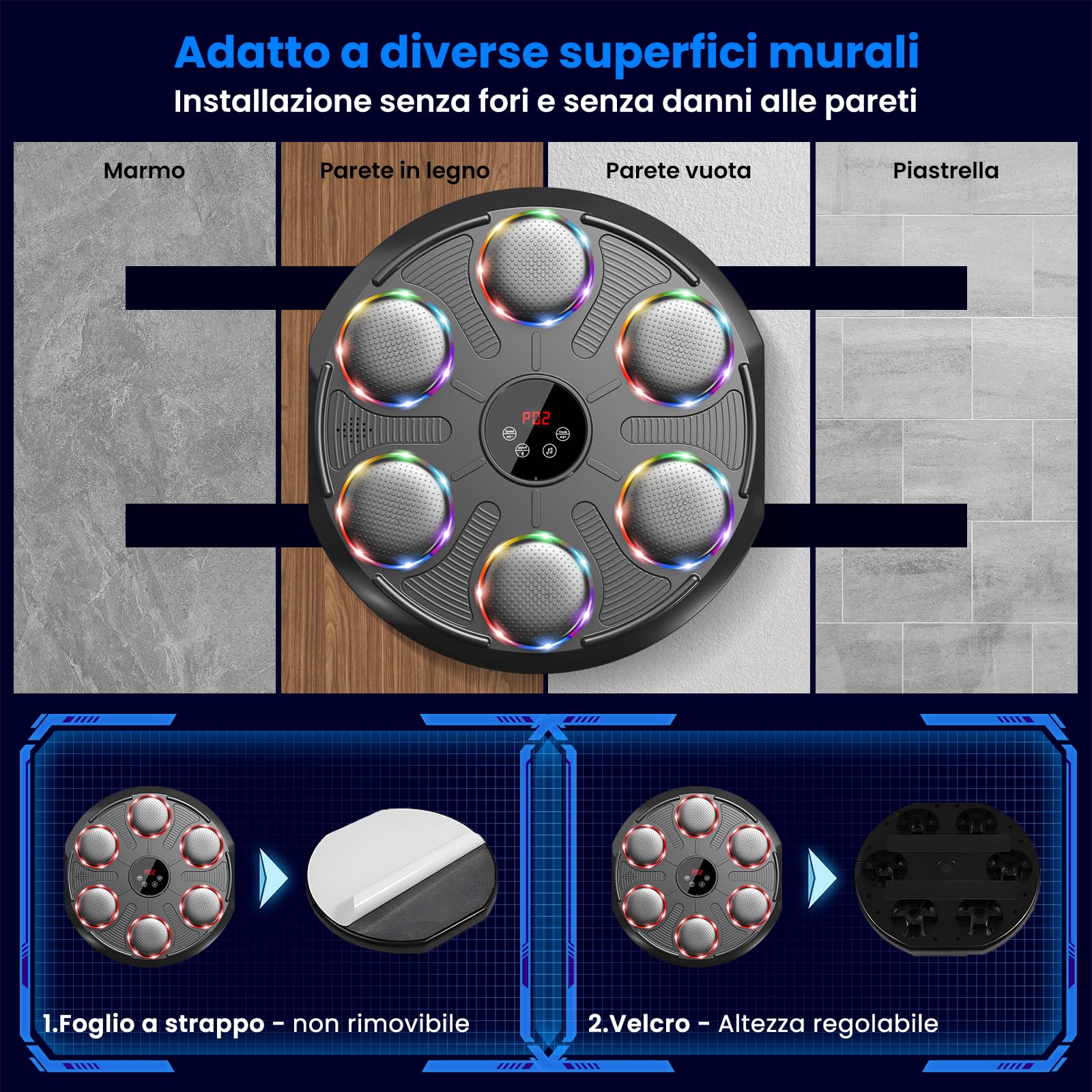 Infaebo Macchina da Boxe Musicale, Extra Large Professionale a Parete con LED Dinamico et Guantone, Bluetooth Smart, Musica Elettronica a 12 velocità, per Adulti e Bambini, Interni e Palestre, Nero