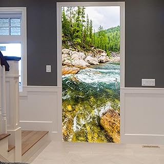 A.Monamour Sticker Porte Autocollant Poster de Porte 3D Forêt Verte Arbres Montagnes Roche Rivière Eau Nature Paysage Vinyle Affiche de Porte Sticker Mural Papier Peint Art Décor 90 x 200 cm