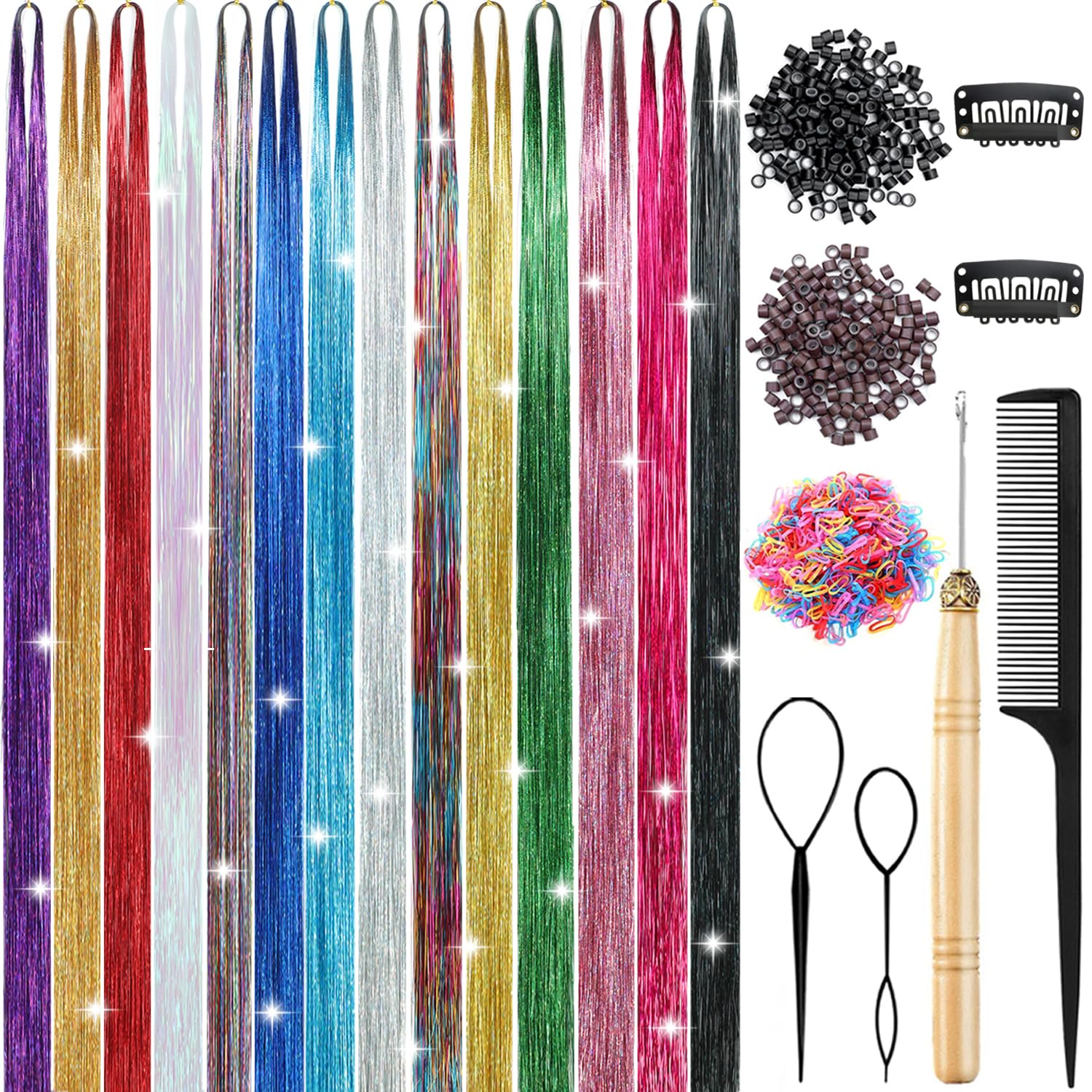 Hair Tinsel, 14 colors Hair Tinsel Kit 6000 Strands Tinsel Hair Extensions Multi 14 colors