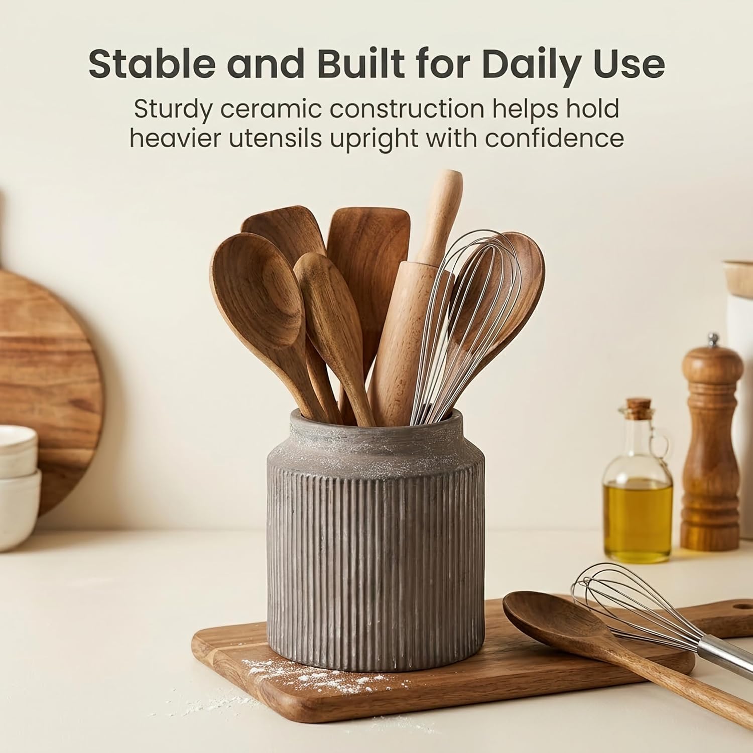 Ceramic Utensil Holder, Rustic Vintage Kitchen Utensil Holder