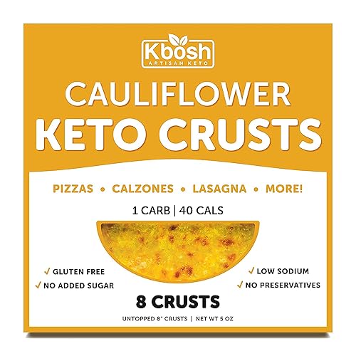KBosh Keto - Corteza de pizza de coliflor - Solo 1 carbohidrato por porción - Incluye 8 deliciosos alimentos fáciles de preparar coliflor aptos para