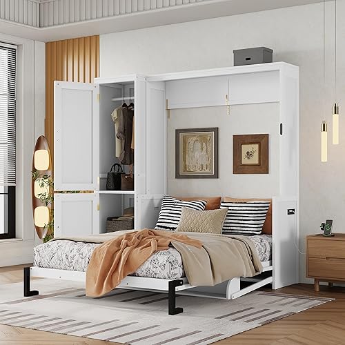KEIKI Queen Size Wood Murphy Bed with Wardrobe & Storage Shelves, Multifunctional Foldable Wall Platform Bedframe with Desk,Gas Struts,Charging Station for Guest-Room, Bedroom, White