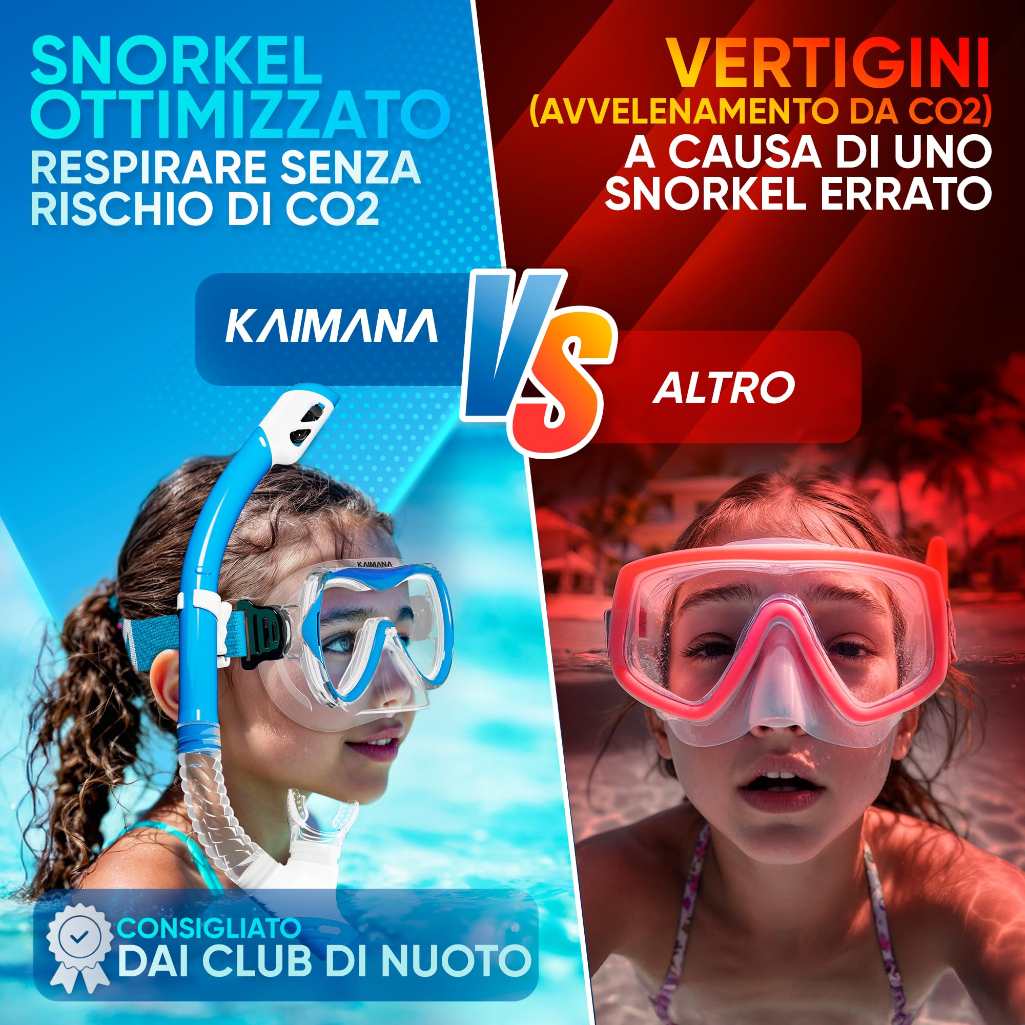 KAIMANA® SeaExplorer Set Maschera Boccaglio Bambini & Borsa – Kit Snorkeling Bambini 3-10 Anni – Maschera con Boccaglio Bambino, Cinturino Tessuto o Silicone – Mare e Piscina