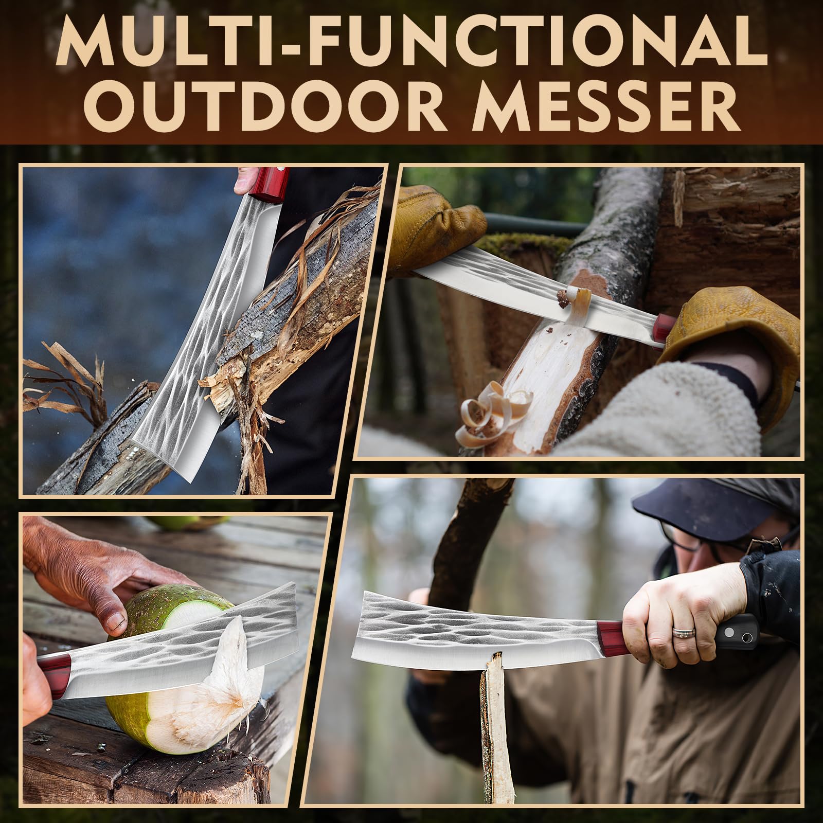 Freelander Machete Outdoor Survival Messer, 5Cr15 Jagdmesser Feststehende Klinge, Großes Outdoor Messer für Wald mit Scheide, Bushcraft Messer Full Tang Schwarz und rot gespleißter Holzgriff