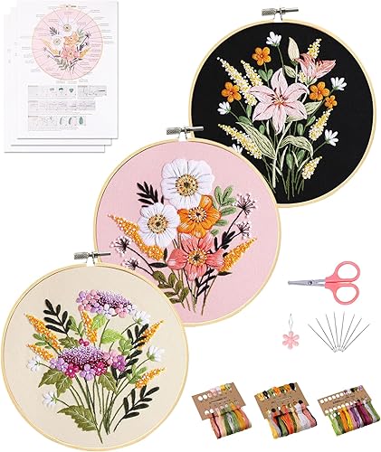 Santune Juego de 3 juegos de bordado, kits de punto de cruz para principiantes, kits de punto de aguja para adultos, fácil estampado, patrón floral,