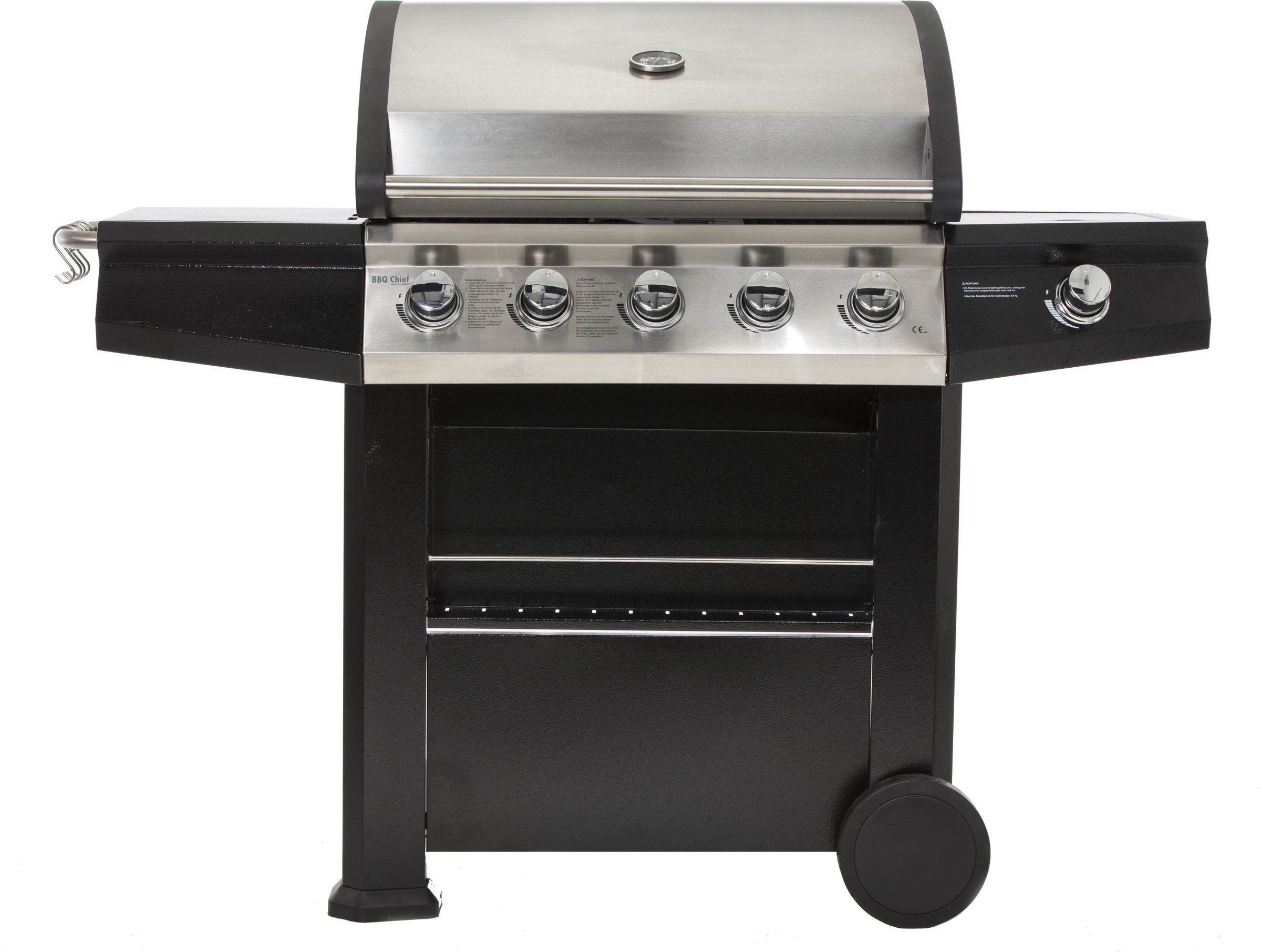 MAXXUS®, barbecue BBQ Barbecue Chief 7.0, barbecue a gas rosso, con 5 bruciatori, in acciaio inox, con doppia parete aspirante, bruciatore laterale e vasca raccogligrasso