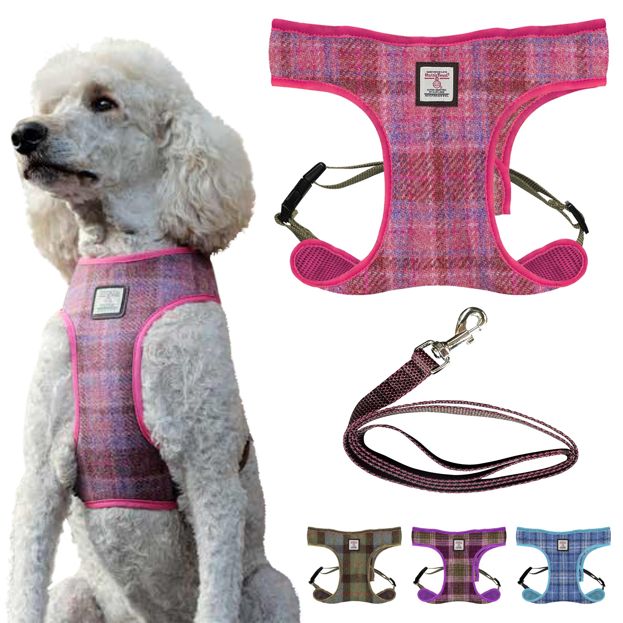 Harris Tweed Tartan Dog Harness and Lead Set - Adjustable Wool Harness with Heavy Duty 1.5M Lead - Small size - Breathable & Stylish Pet Accessory - Pink check