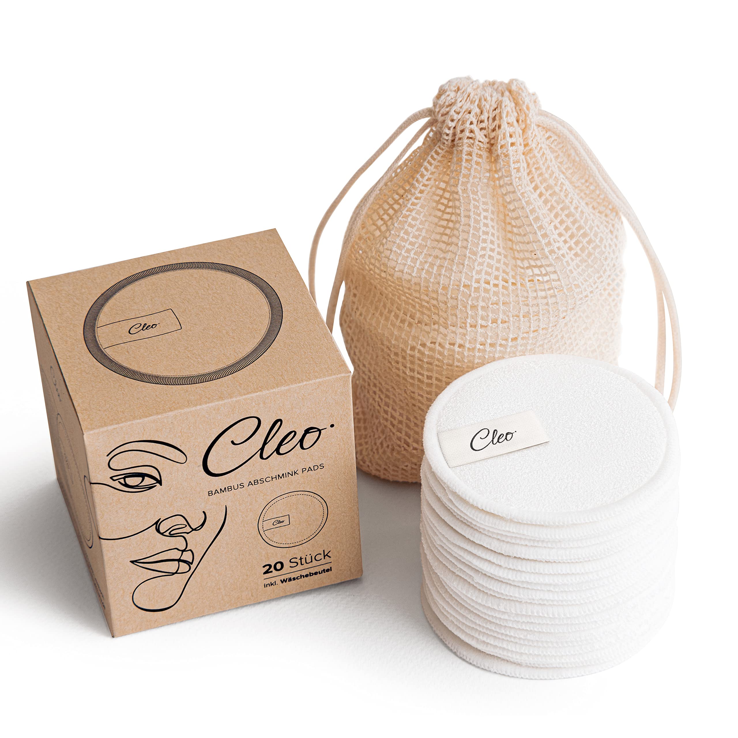 CLEO Environmentally Friendly Bamboo Cleaning Pads Reusable for All Skin Types 2-Ply Make-Up Removal Pads Recyclable Organic Natural Product - Colour: White - Pack of 20