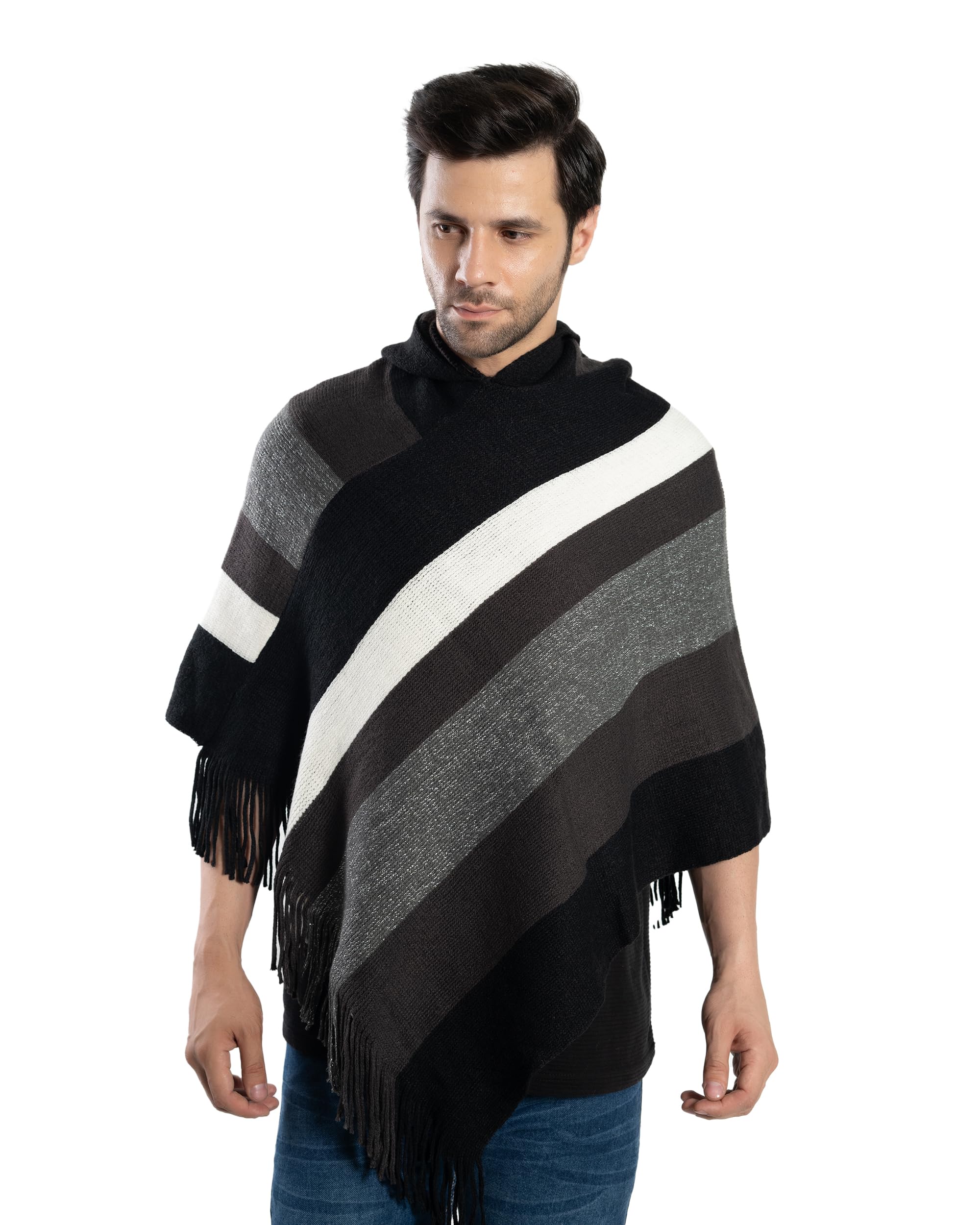 manra Men's Knitted Poncho with Cap Multi-Striped Patterns, Fringed Sides, for Winter-picture-43