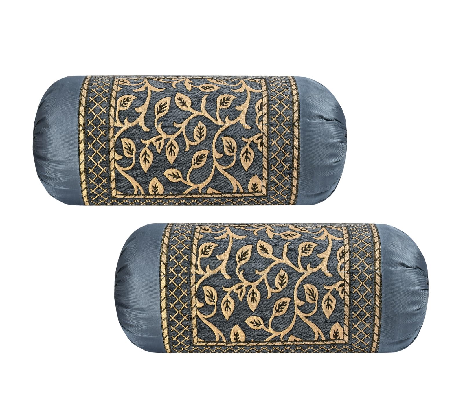 Outlay Home Decorative Valvet Bolster Pillow Covers, Set of 2, Gold Leaf Pattern (Gray)-image-34
